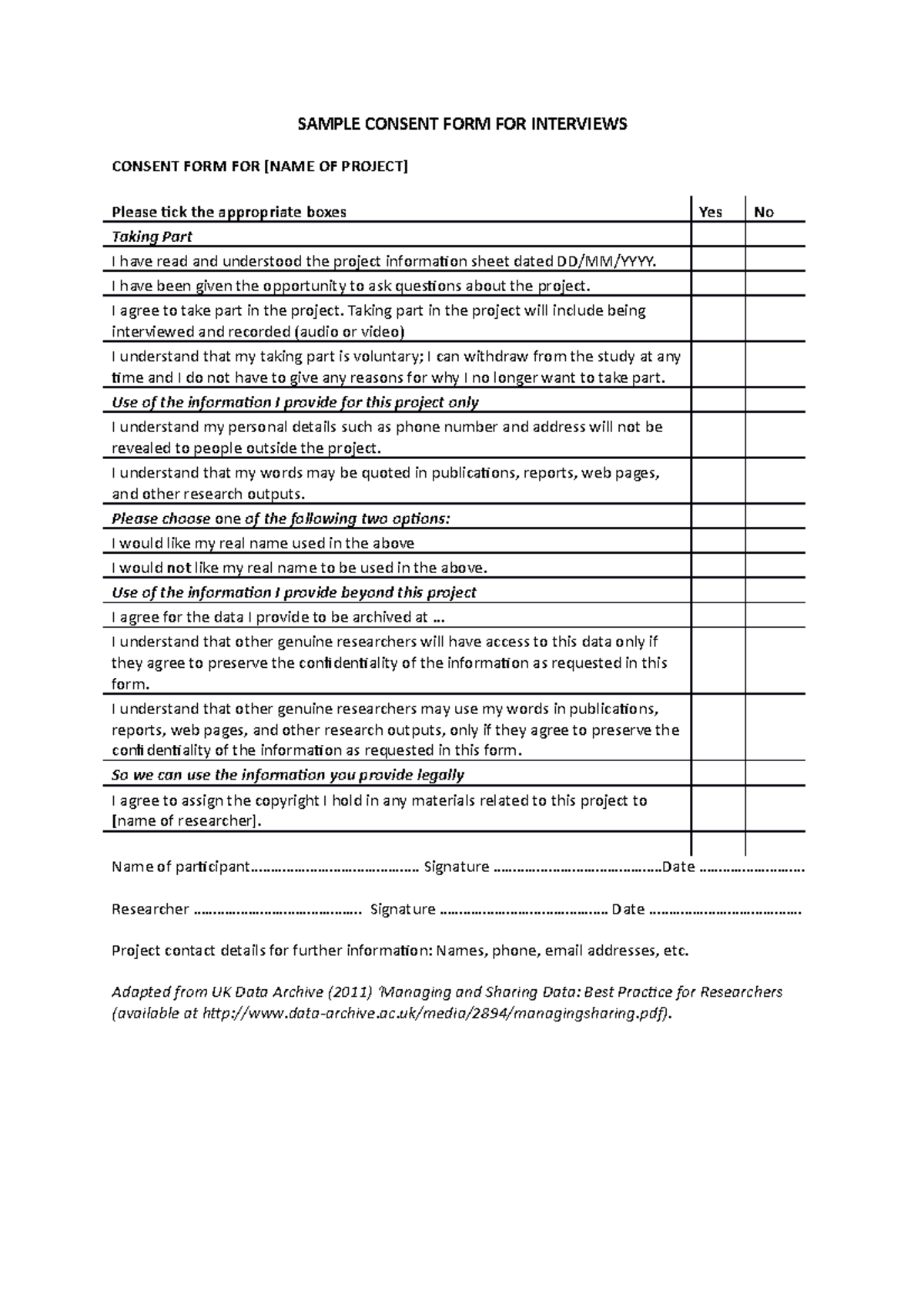 Sample Consent Form for Interviews - SAMPLE CONSENT FORM FOR INTERVIEWS ...