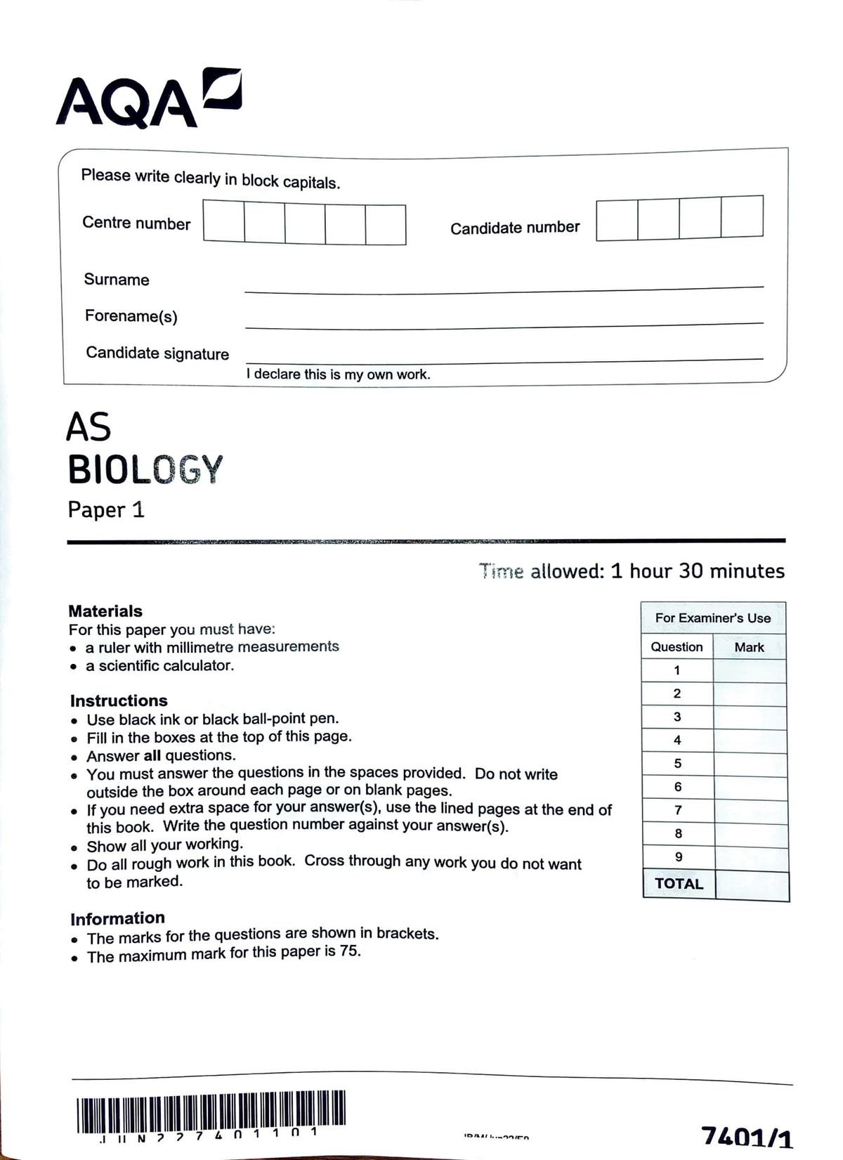 AQA AS Level Biology Paper 1 2022 - AQAO Please Write Clearly In Block ...