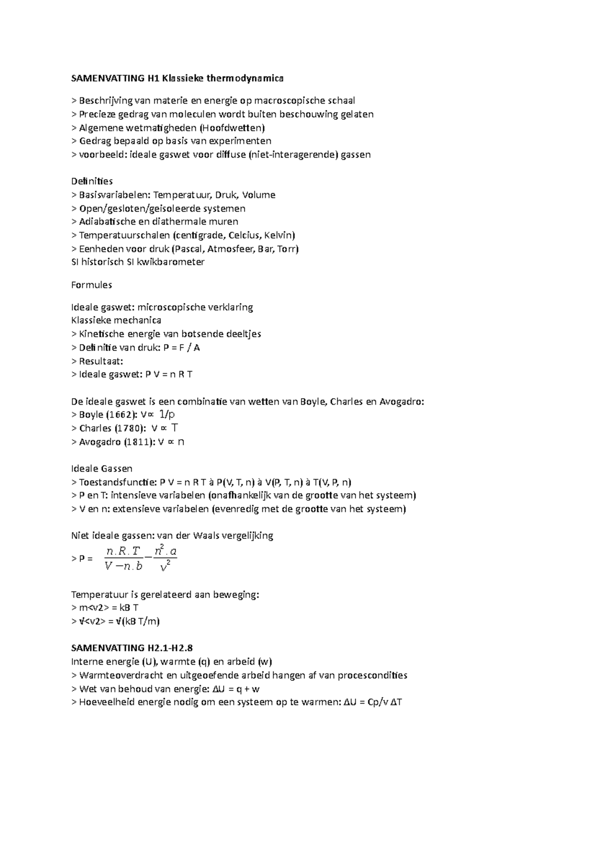 Samenvatting Thermodynamica - SAMENVATTING H1 Klassieke Thermodynamica ...