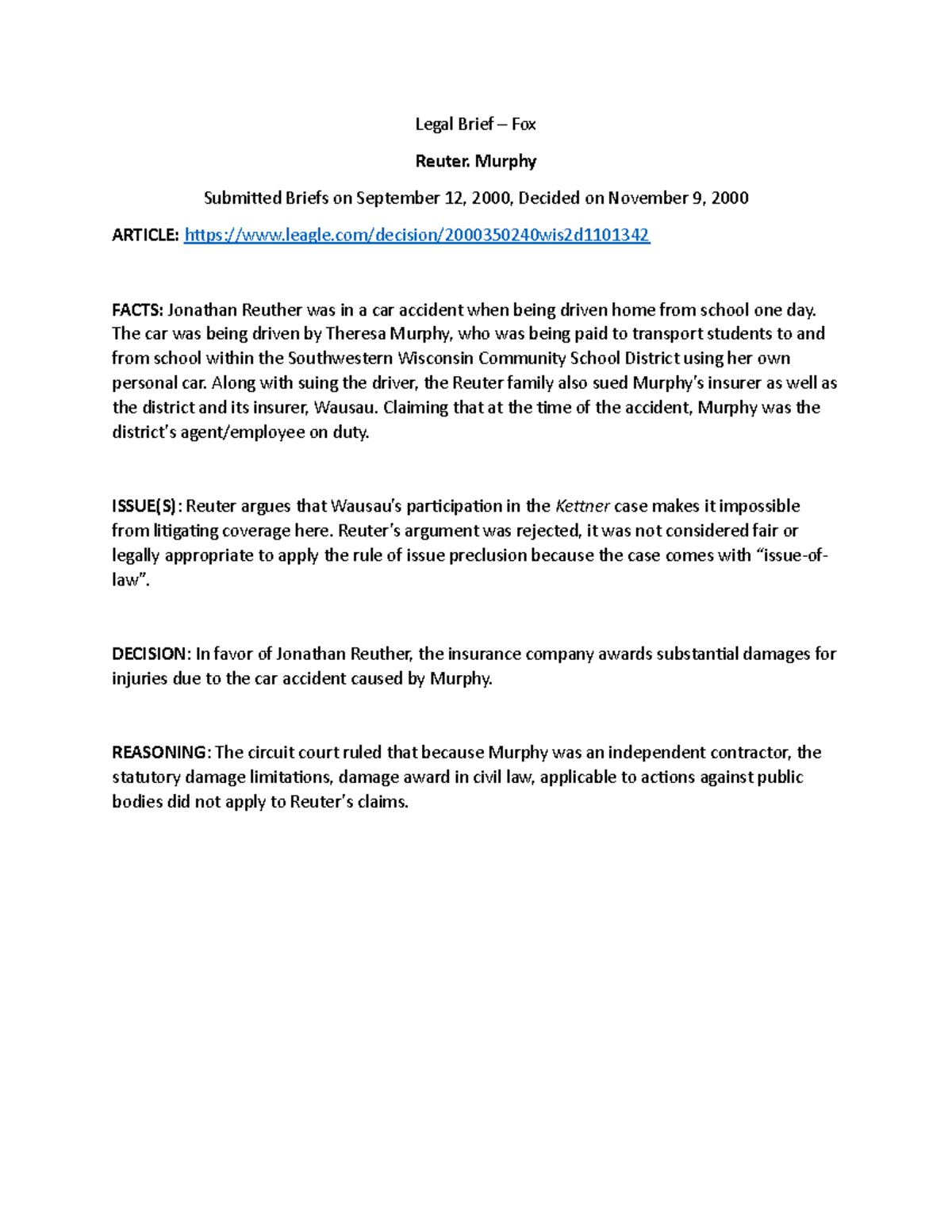 Legal brief 1 - Professor Matthew Geimer - Legal Brief – Fox Reuter ...