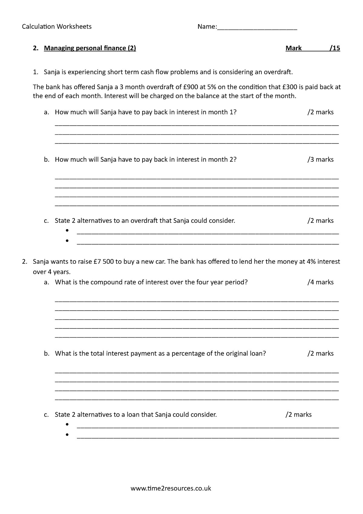 2 Managing personal finance Calculaion Worksheets Name