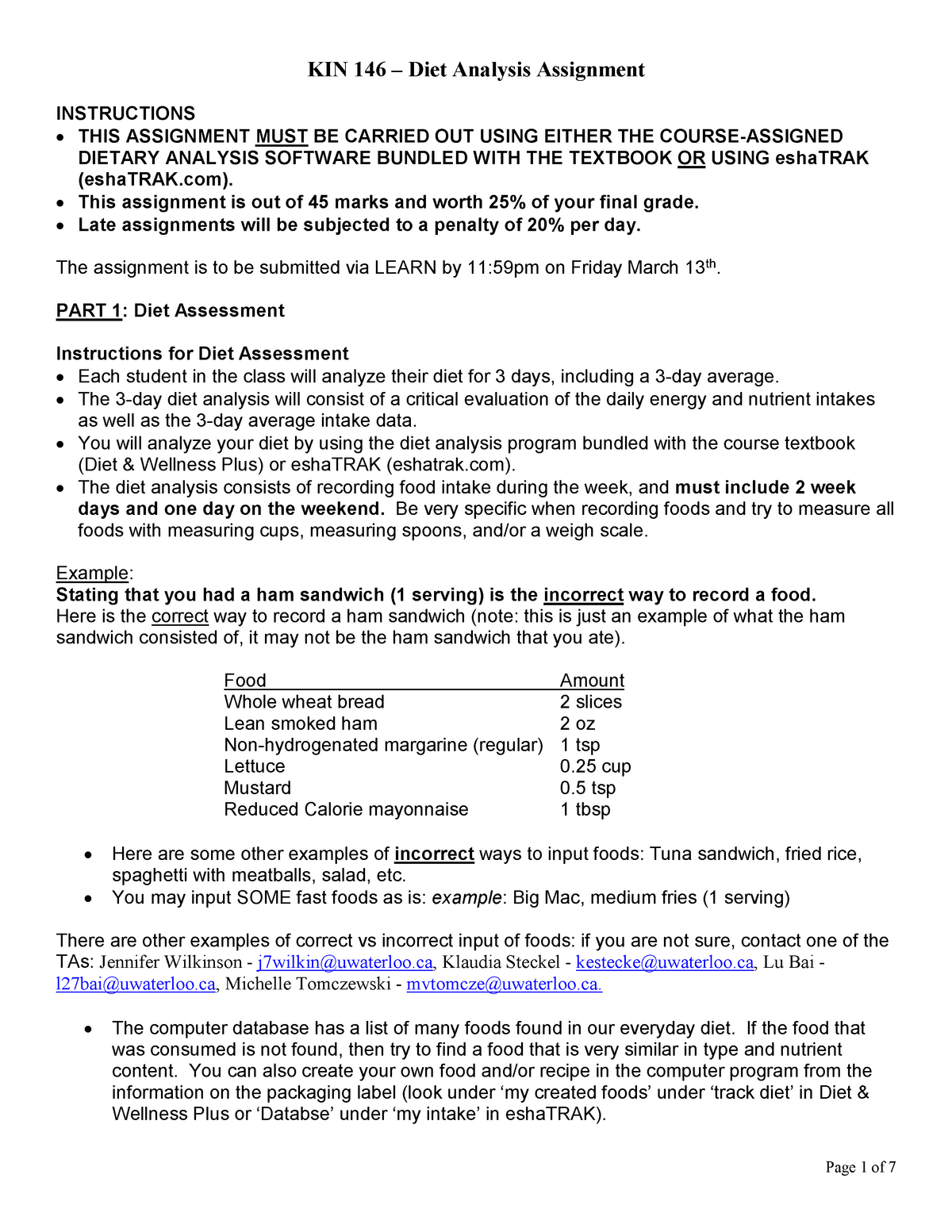 3 Day Diet Analysis Assignment W20 Kin 146 Diet Analysis Assignment Instructions • This 4644