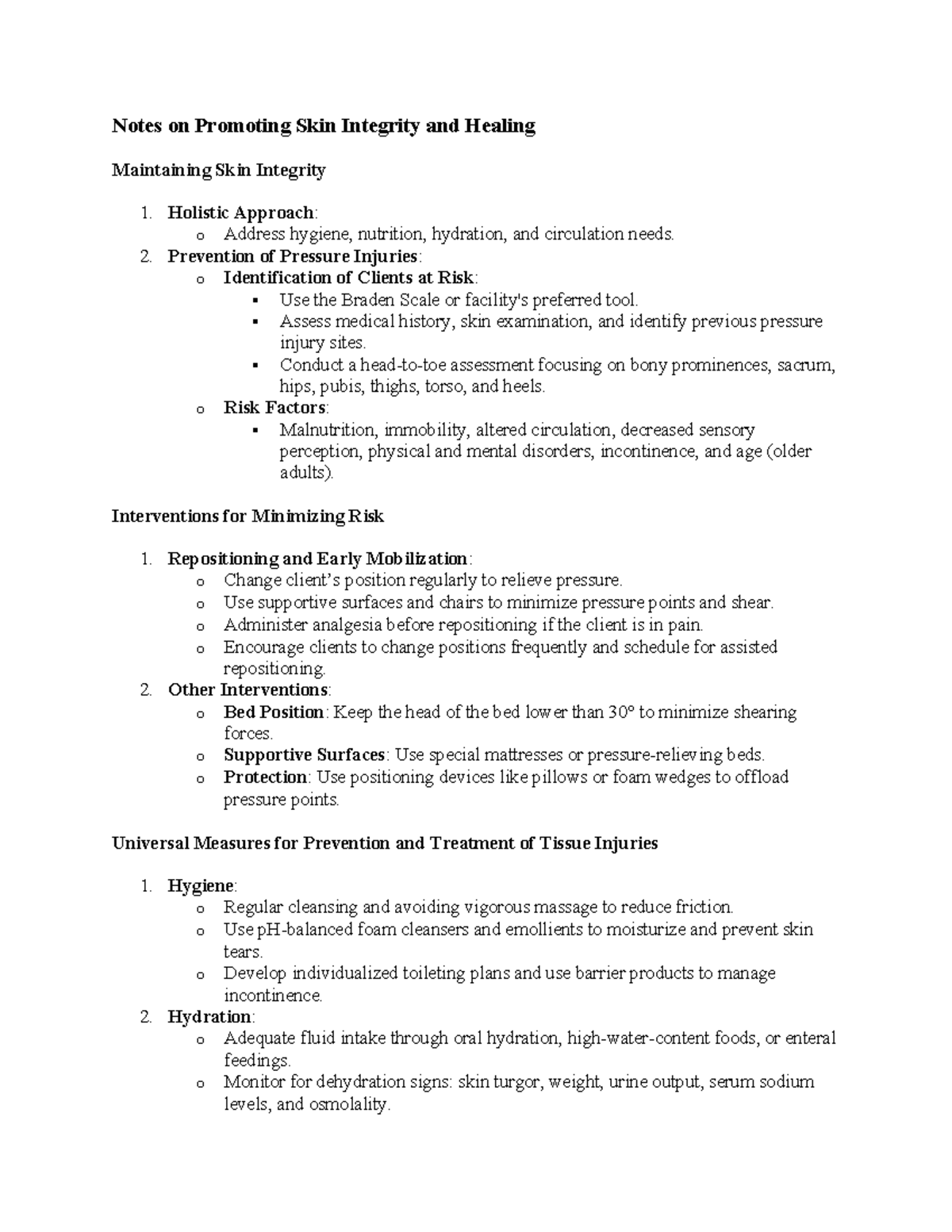 Notes on Promoting Skin Integrity and Healing - Notes on Promoting Skin ...