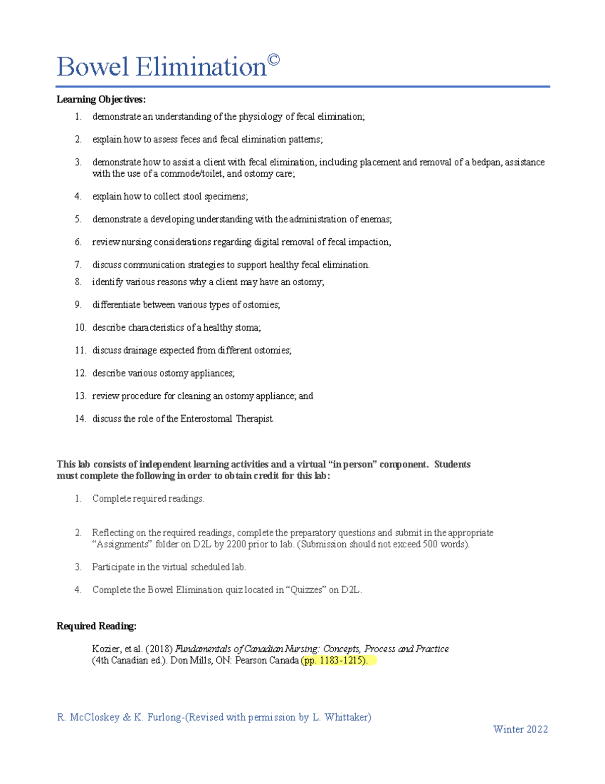 Bowel Elimination Lab Study Guide 2023 R. McCloskey & K. Furlong