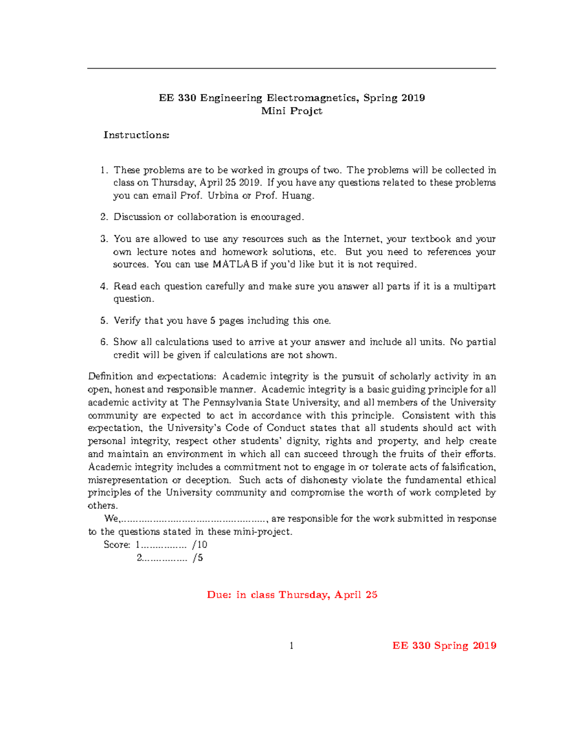 EE 330 Mini Project SP19 - EE 330 Engineering Electromagnetics, Spring ...