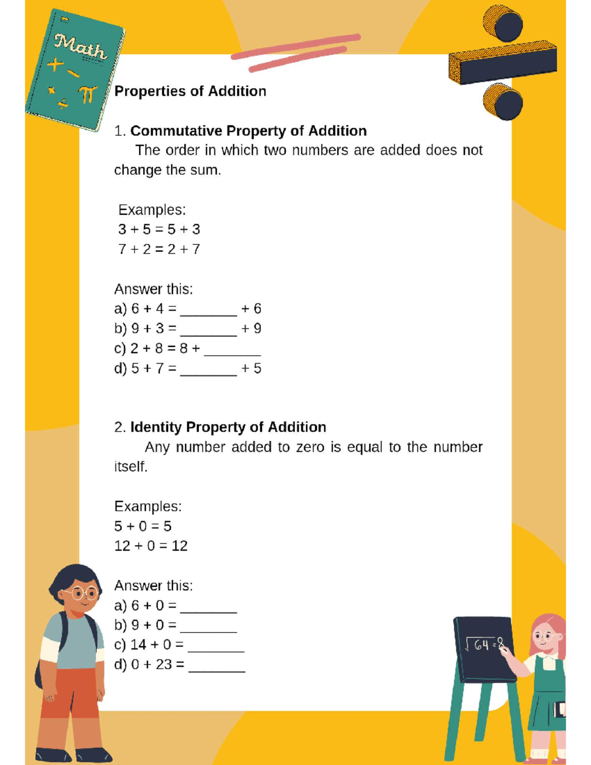 Math Grade 3 Worksheet Properties of Addition 1. Commutative Property of Addition The order