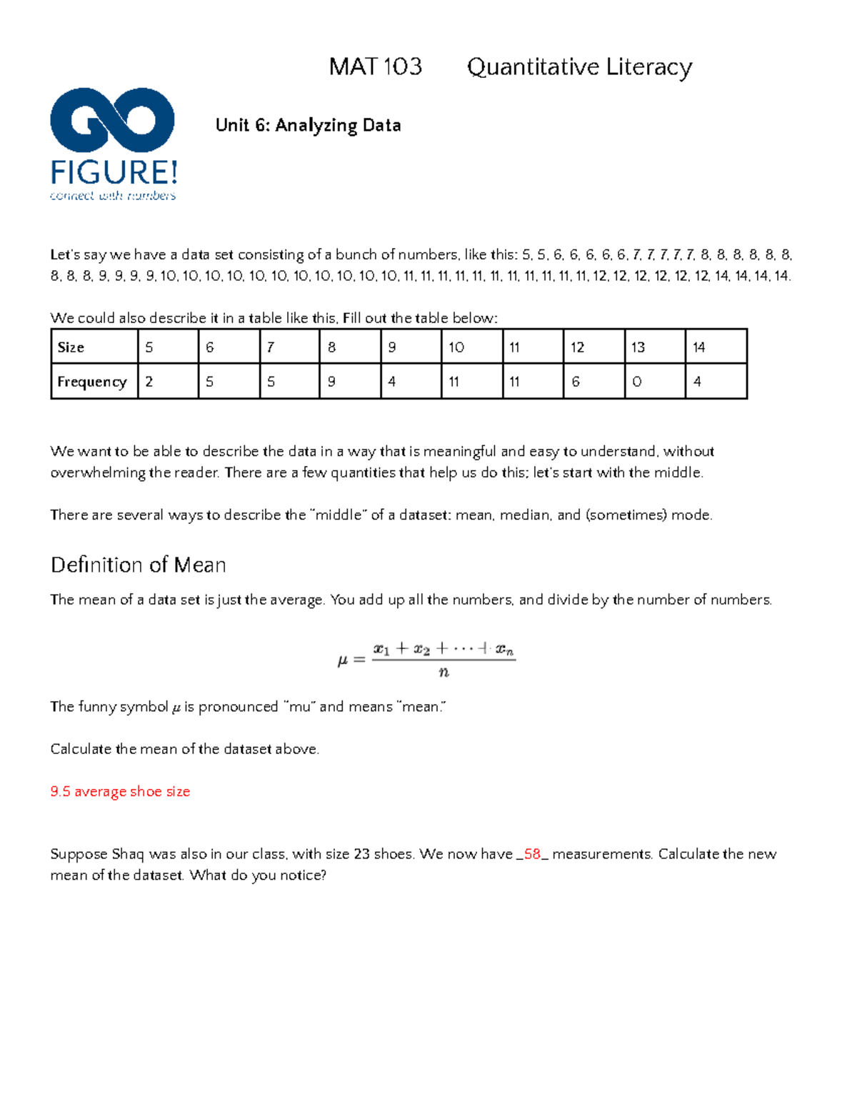 MAT 103 Unit 6.2 Analyzing Data - MAT 103 Quantitative Literacy Unit 6 ...