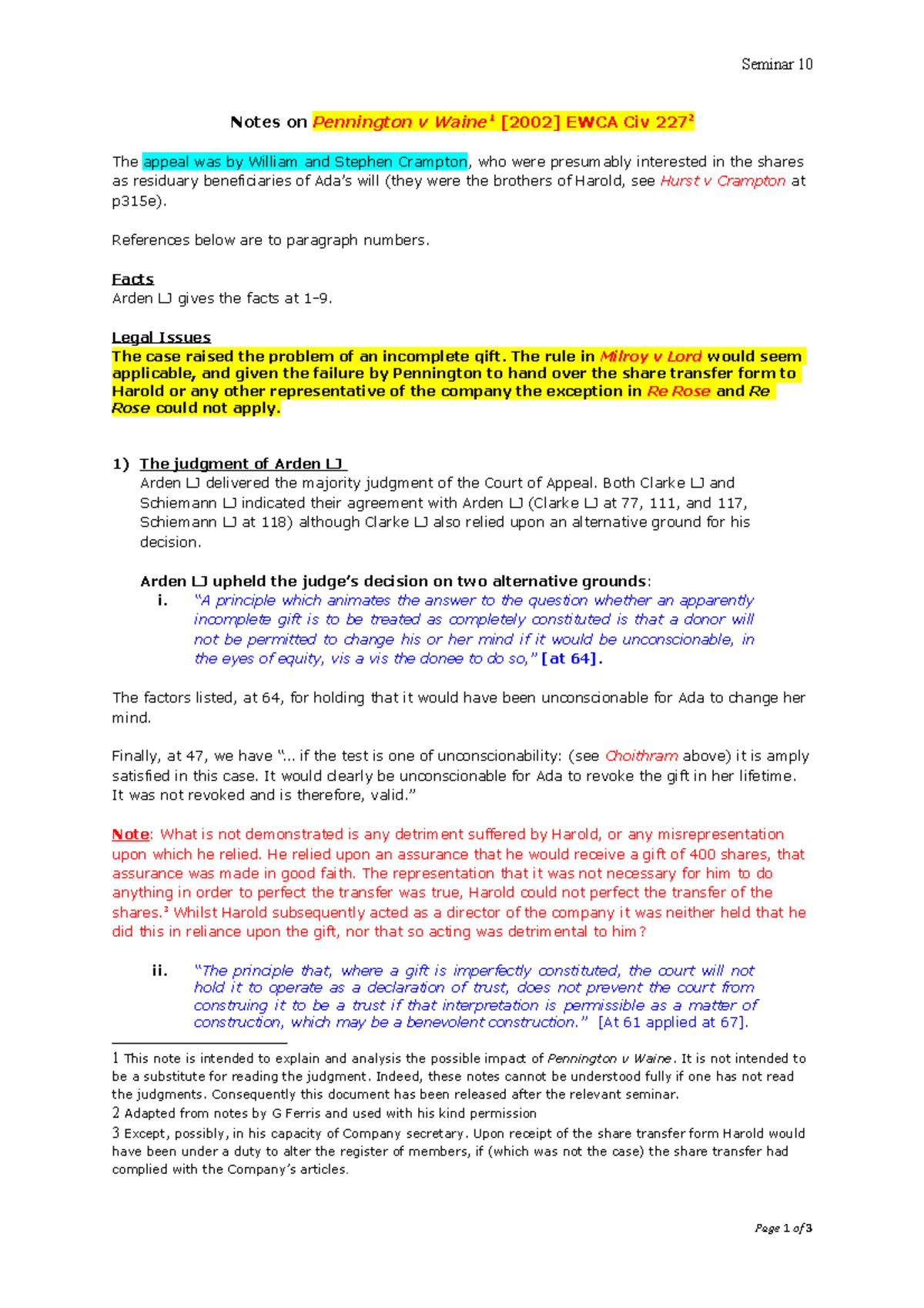 Notes on Pennington v. Waine References below are to paragraph
