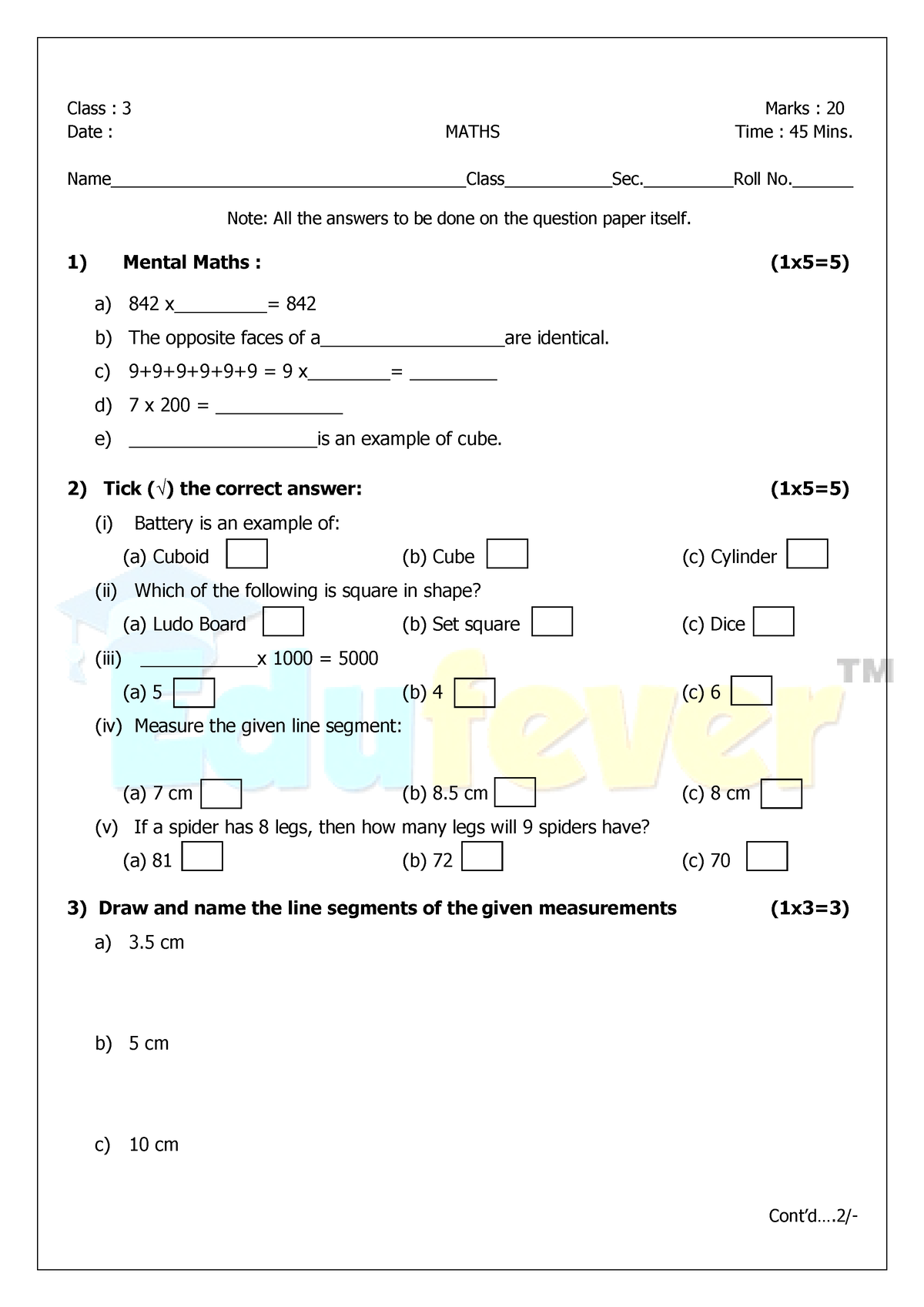 class 3 maths assignment pdf