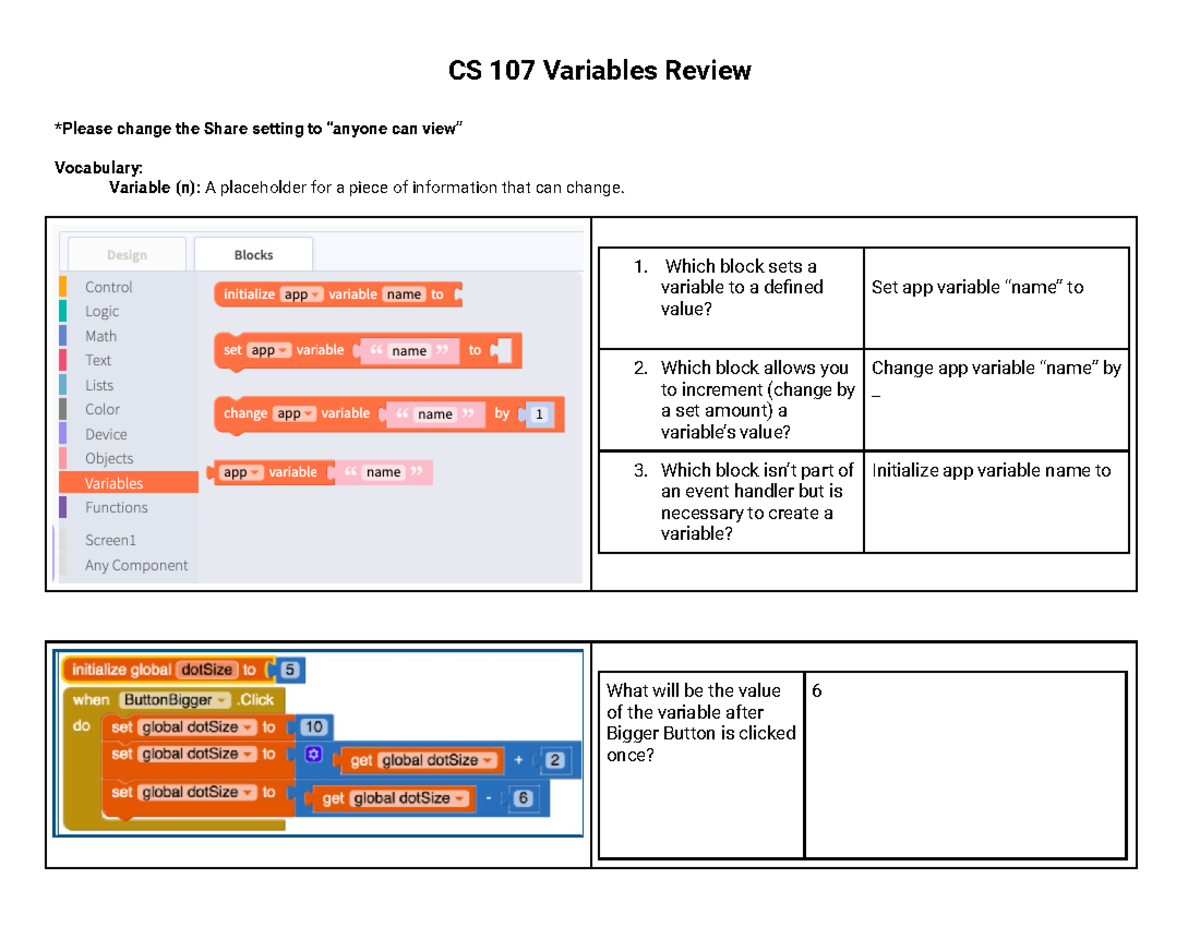 CS 107 Variables Review - CS 107 Variables Review *Please change the ...