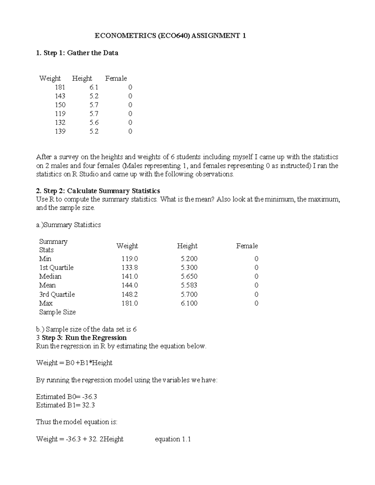 Econometrics assignment - ECONOMETRICS (ECO640) ASSIGNMENT 1 Step 1 ...