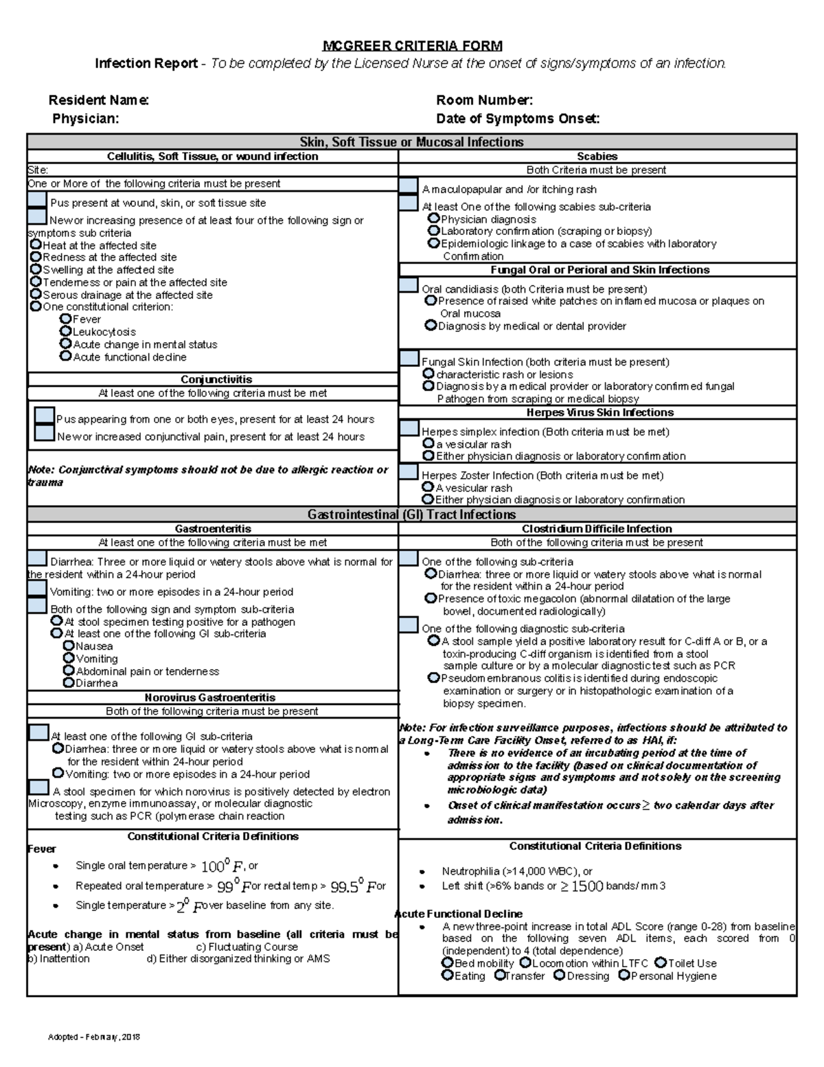 Copy Mcgeer Criteria - MCGREER CRITERIA FORM Infection Report - To be ...