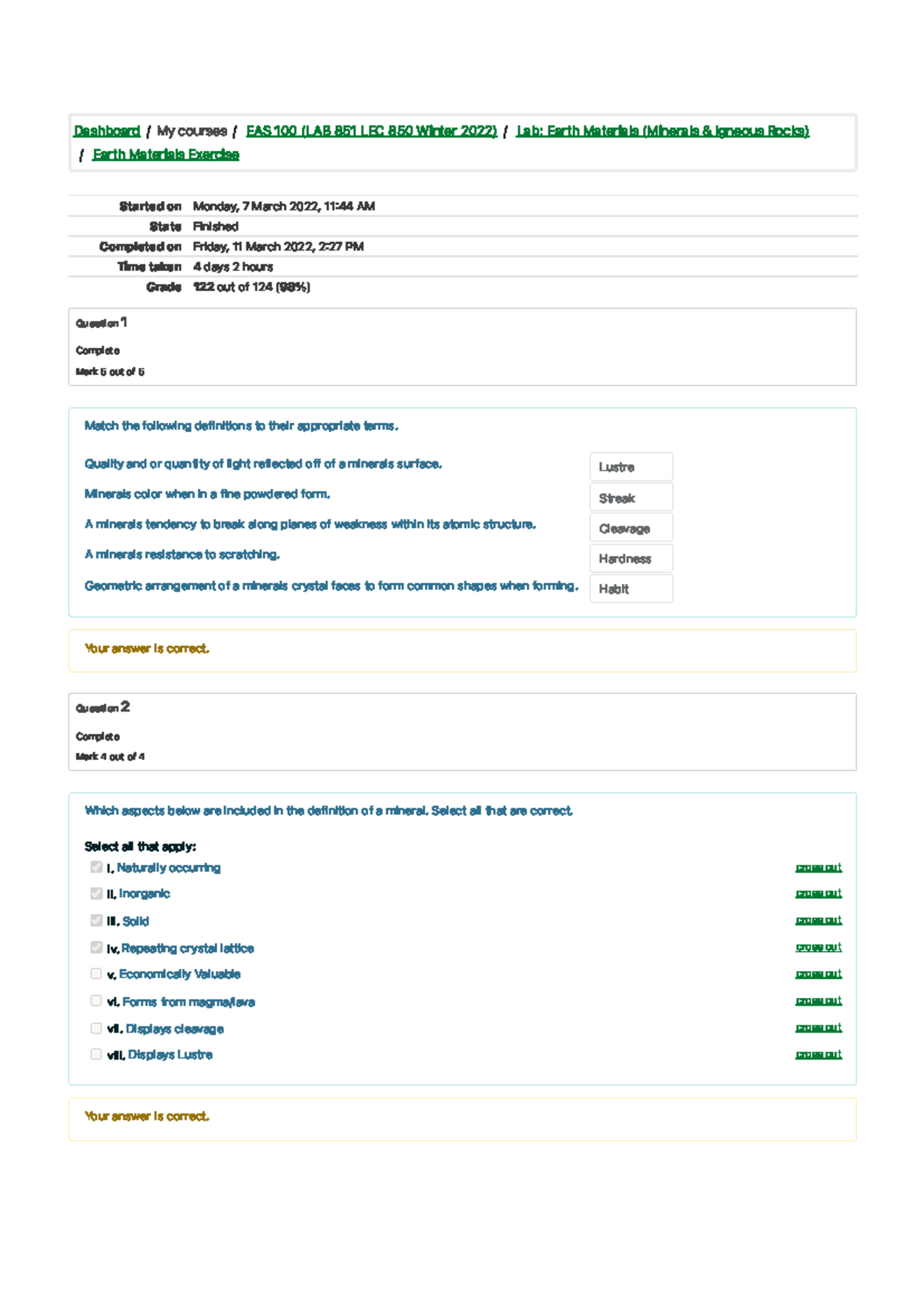 Earth Materials 1 - Professor Murray Gingras Lab Assignment 1 ...