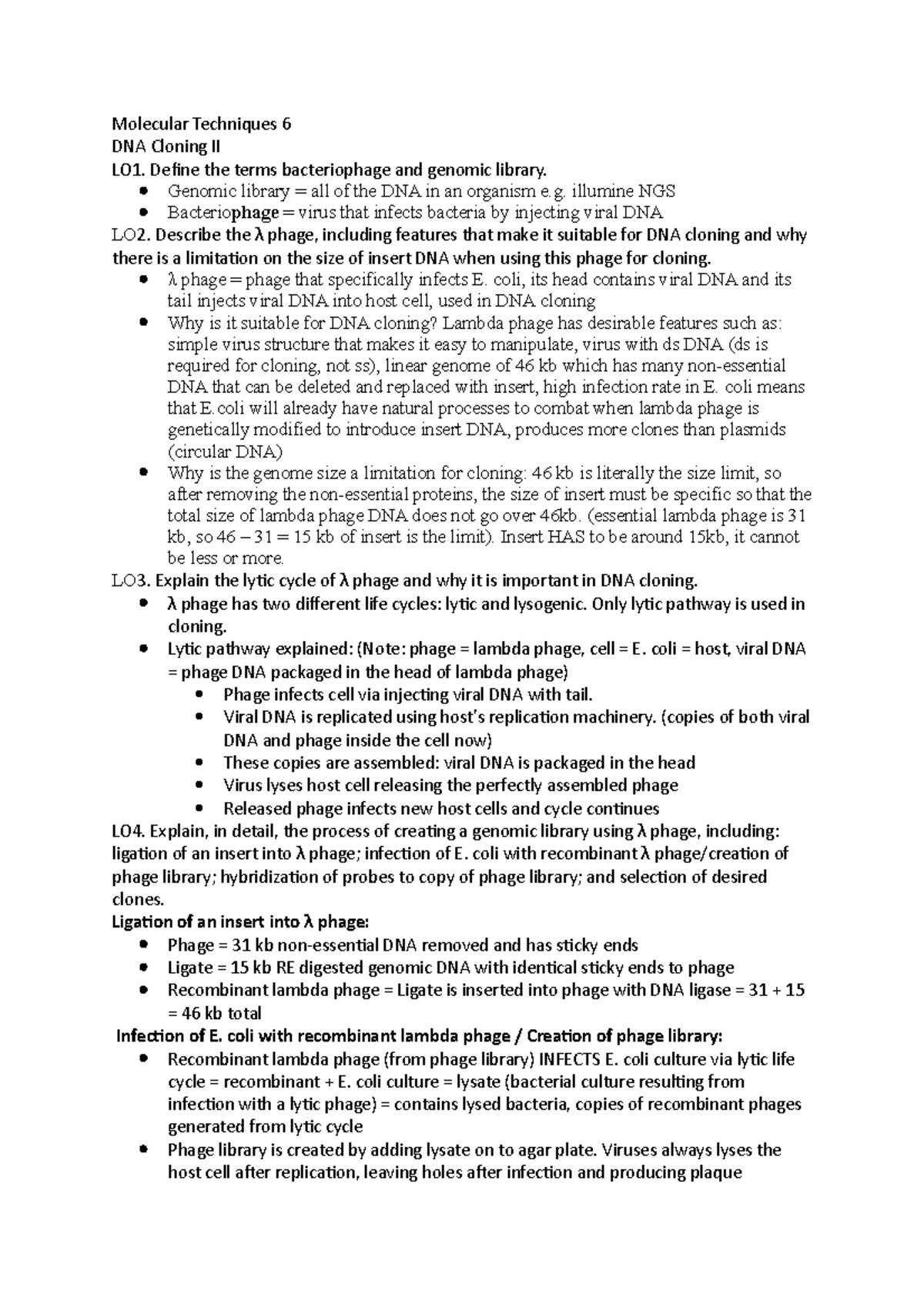 Molecular Techniques 6 Quiz Notes Molecular Techniques 6 DNA Cloning