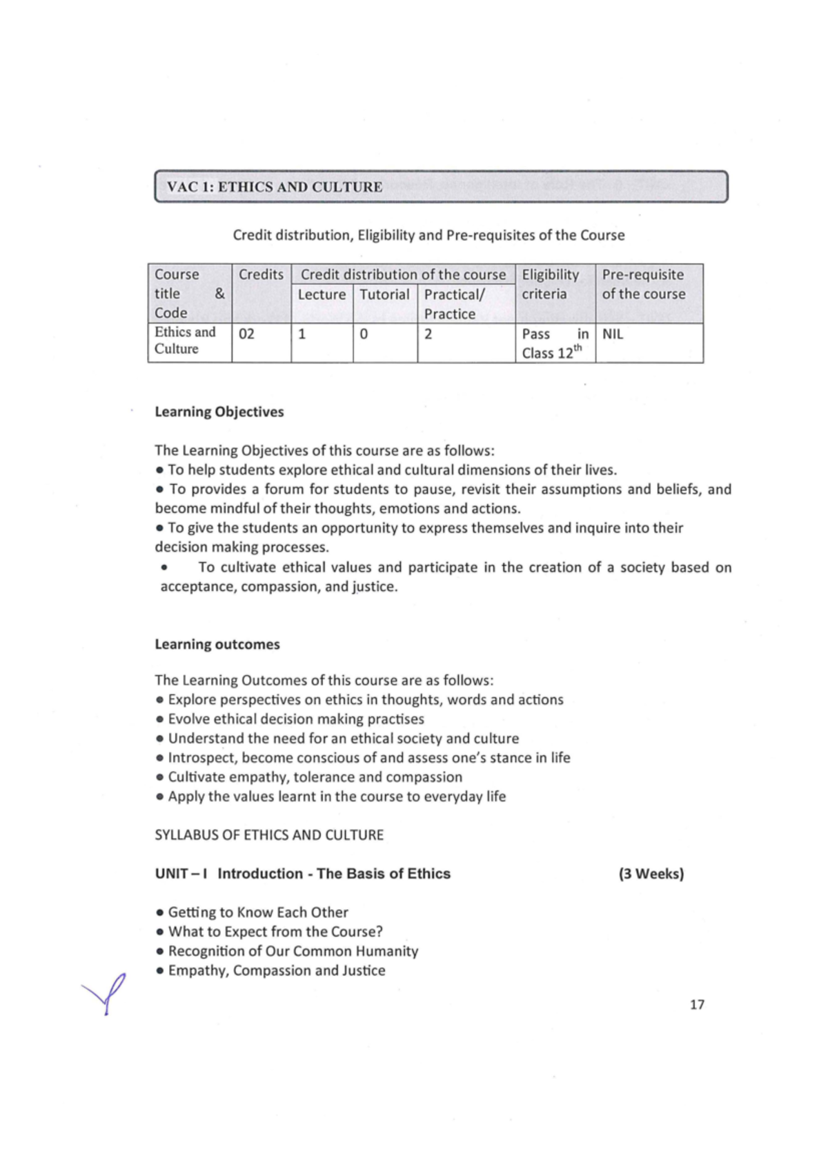Ethics & culture syllabus - [ VAC 1: ETIDCS AND CULTURE ] Credit ...