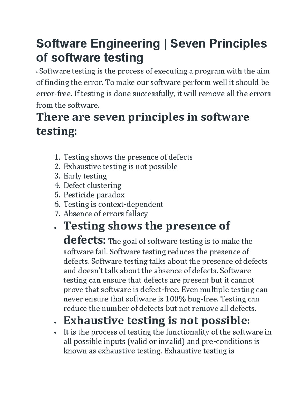 Software testing principal - Software Engineering | Seven Principles of ...