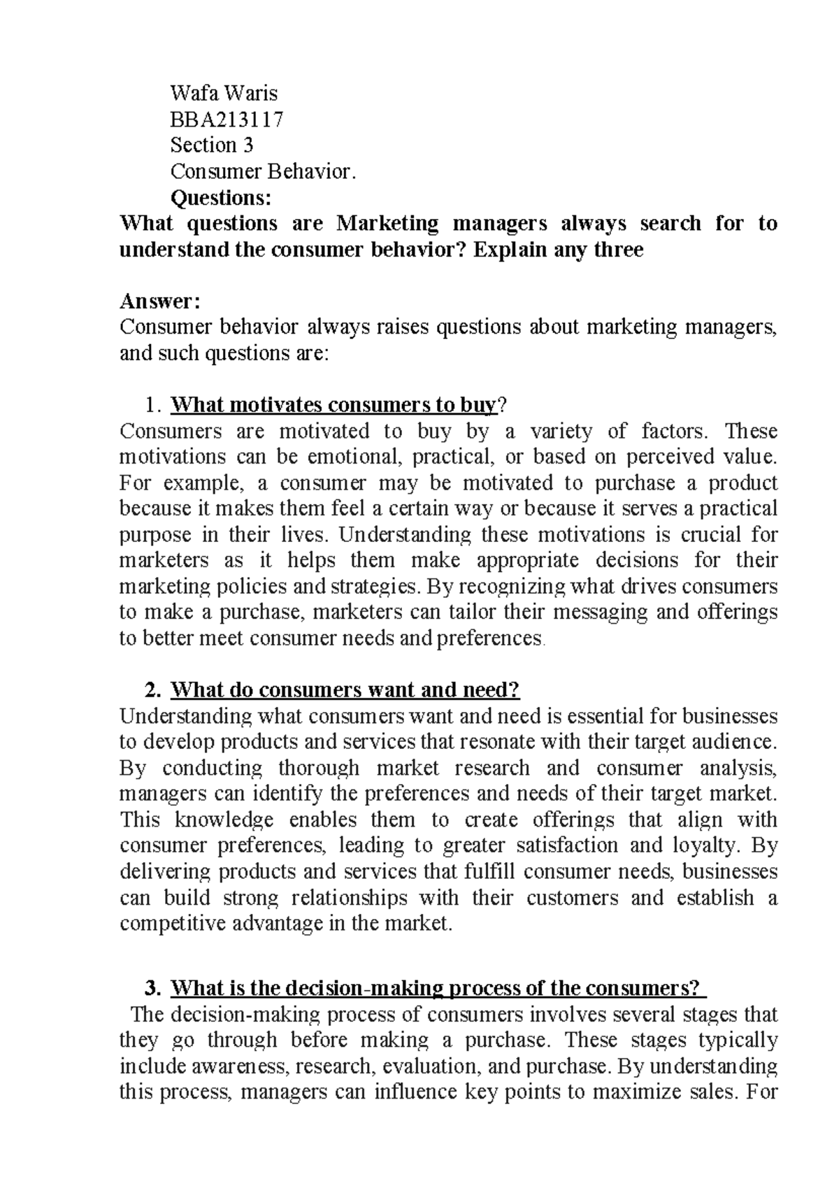 Consumer behavior - Informative assignment. - Wafa Waris BBA Section 3 ...