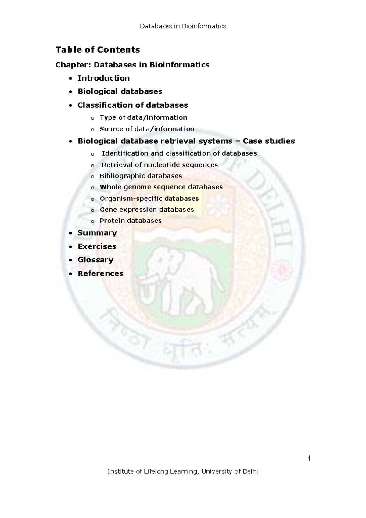 Databases IN Bioinformatics - 1 Table of Contents Chapter: Databases in ...