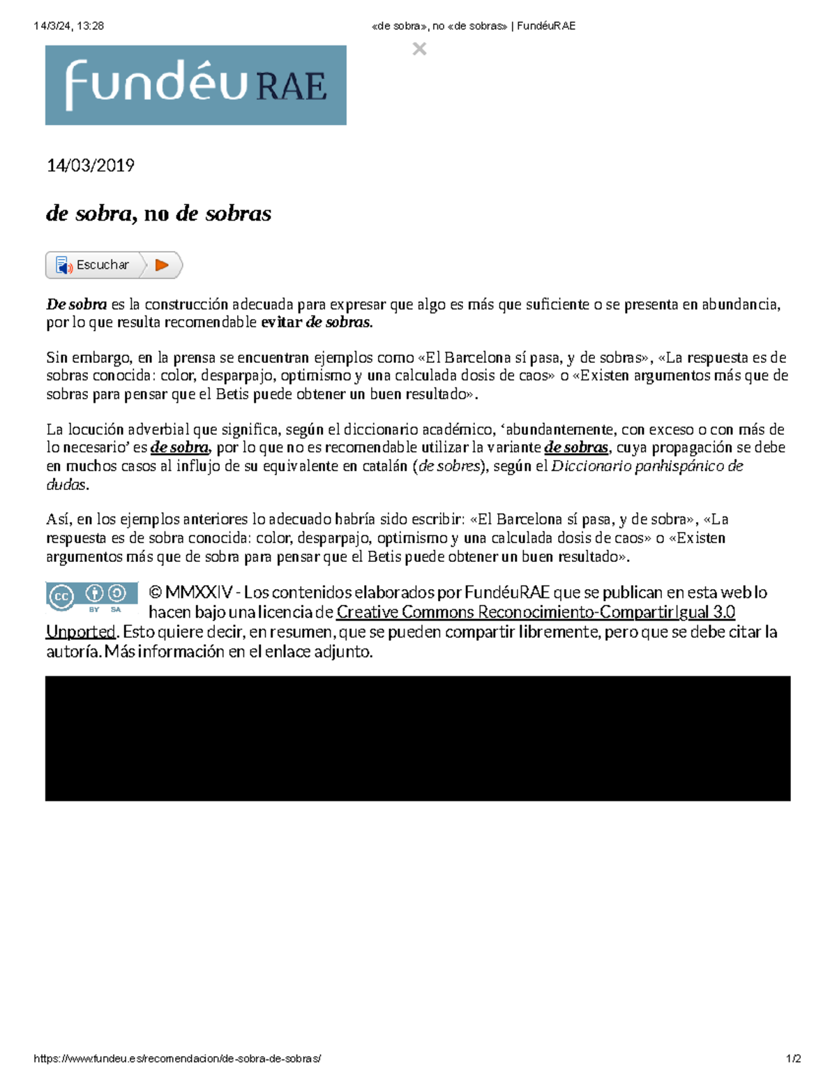 «de sobra», no «de sobras» Fundéu RAE - 14/3/24, 13:28 «de sobra», no ...