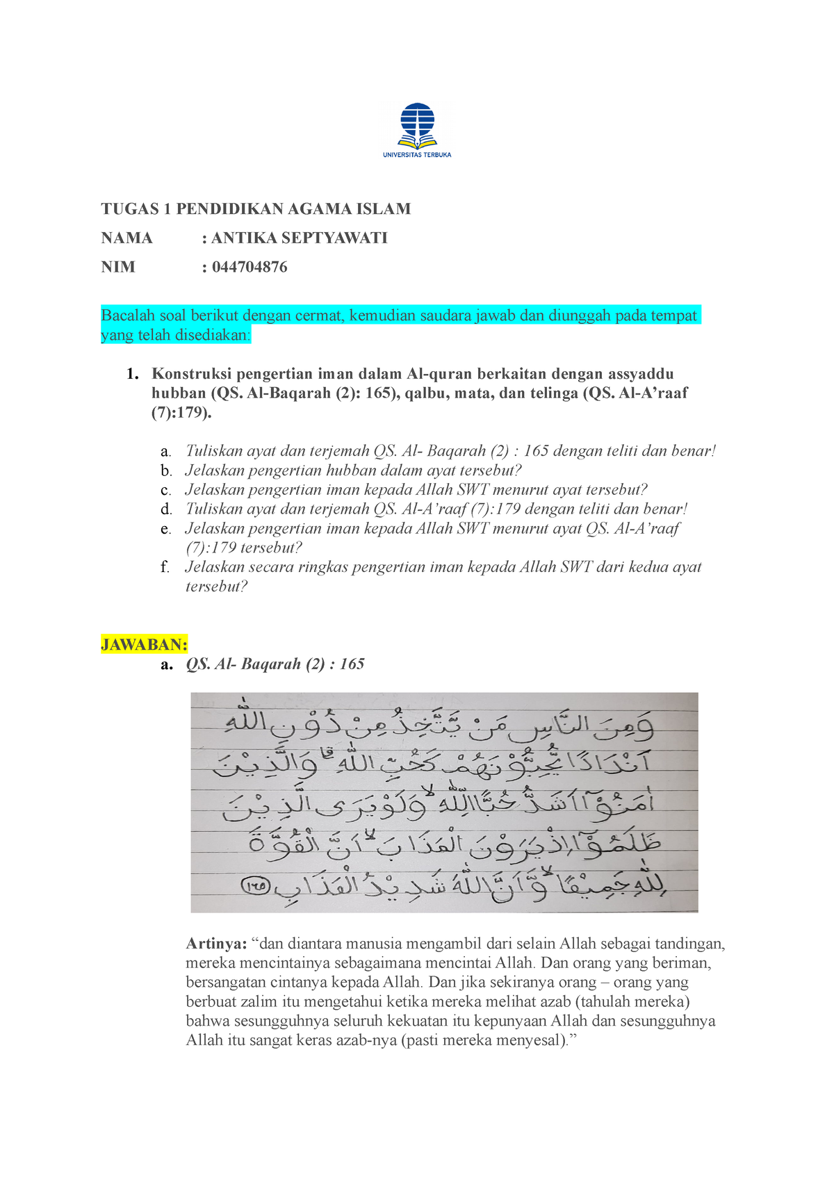 Tugas 1 Pendidikan Agama Islam - TUGAS 1 PENDIDIKAN AGAMA ISLAM NAMA ...