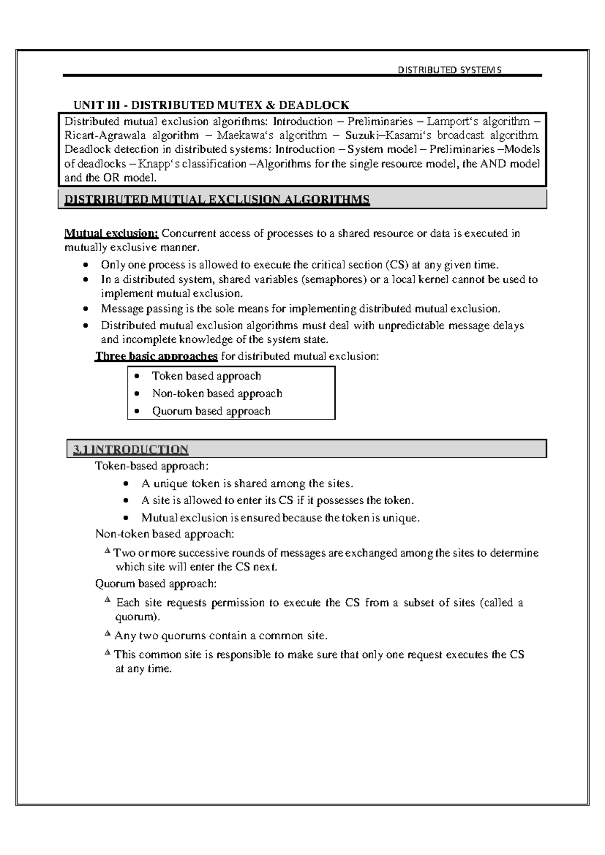 Distributed Systems R19 - UNIT-3 - x Token based approach x Non-token ...