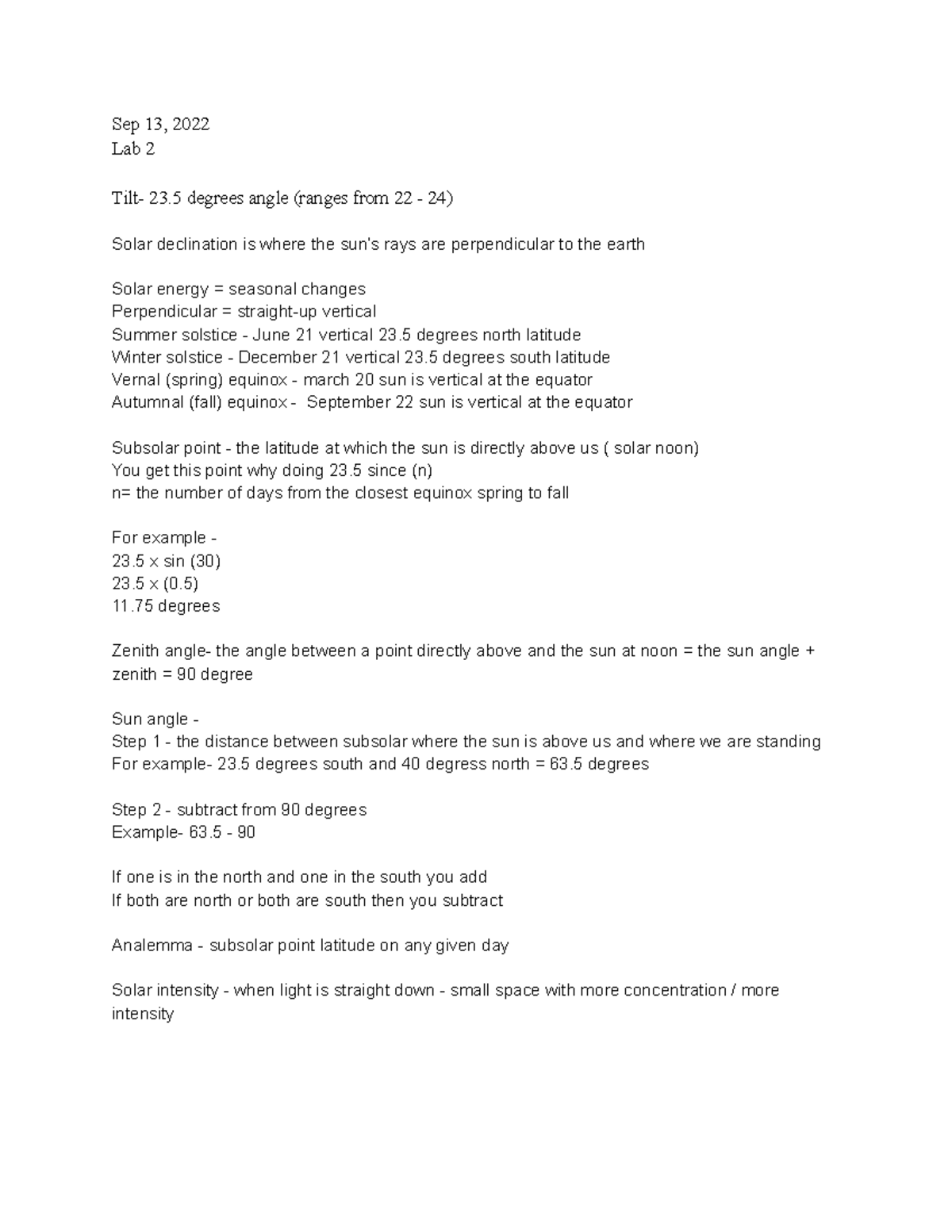 weather and climate lab class Sep 13, 2022 Lab 2 Tilt 23 degrees