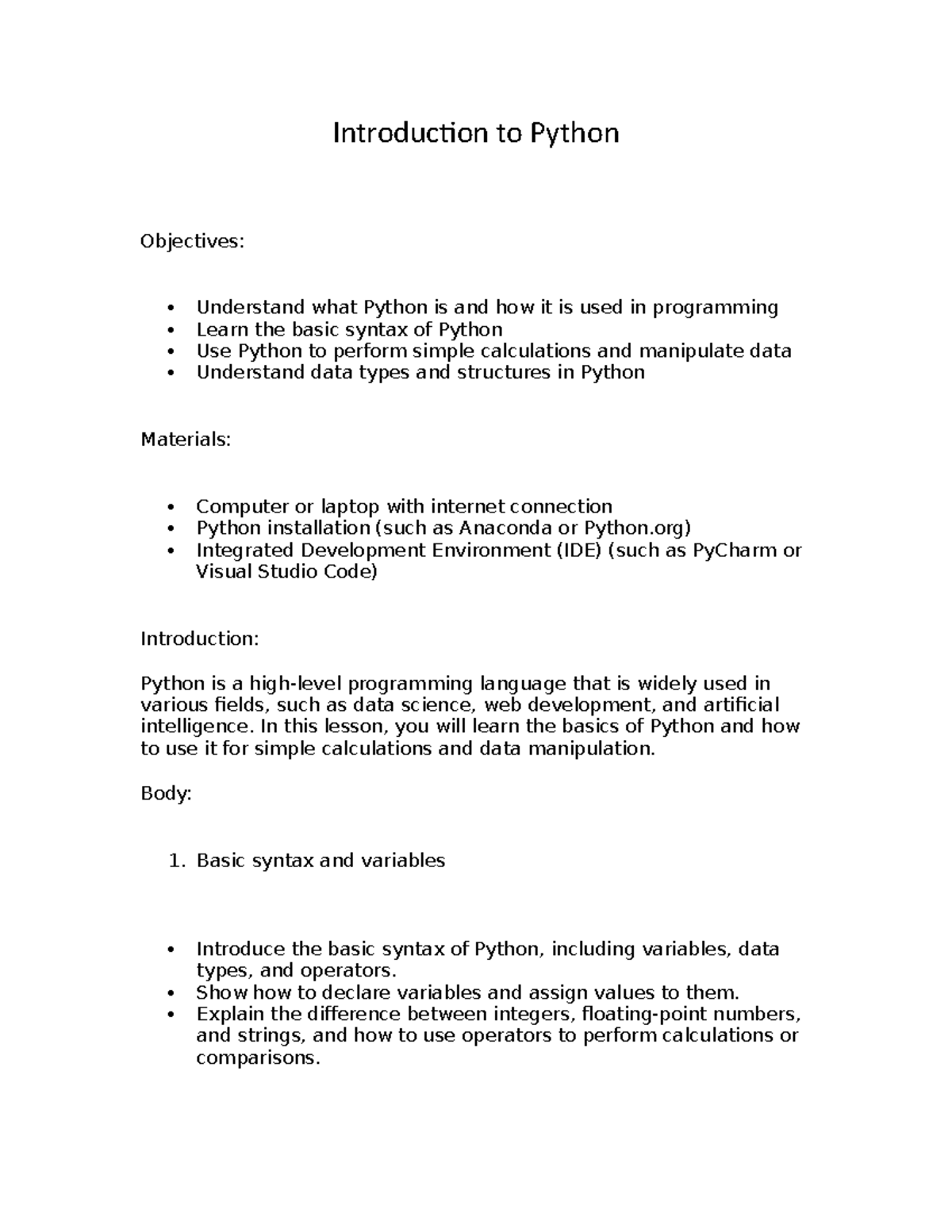 Introduction to Python - Introduction to Python Objectives: Understand ...