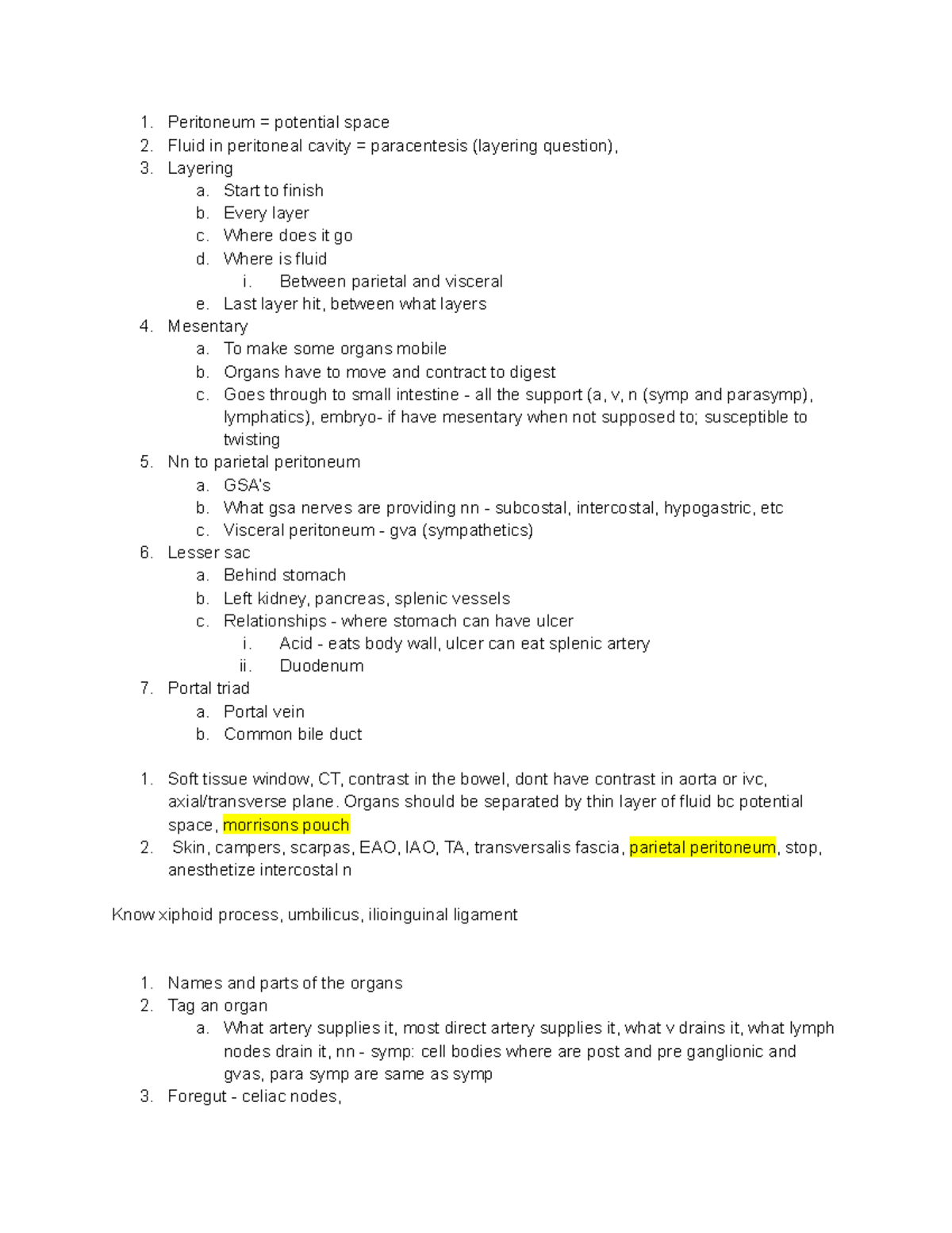 Abdomen - notes - Peritoneum = potential space Fluid in peritoneal ...