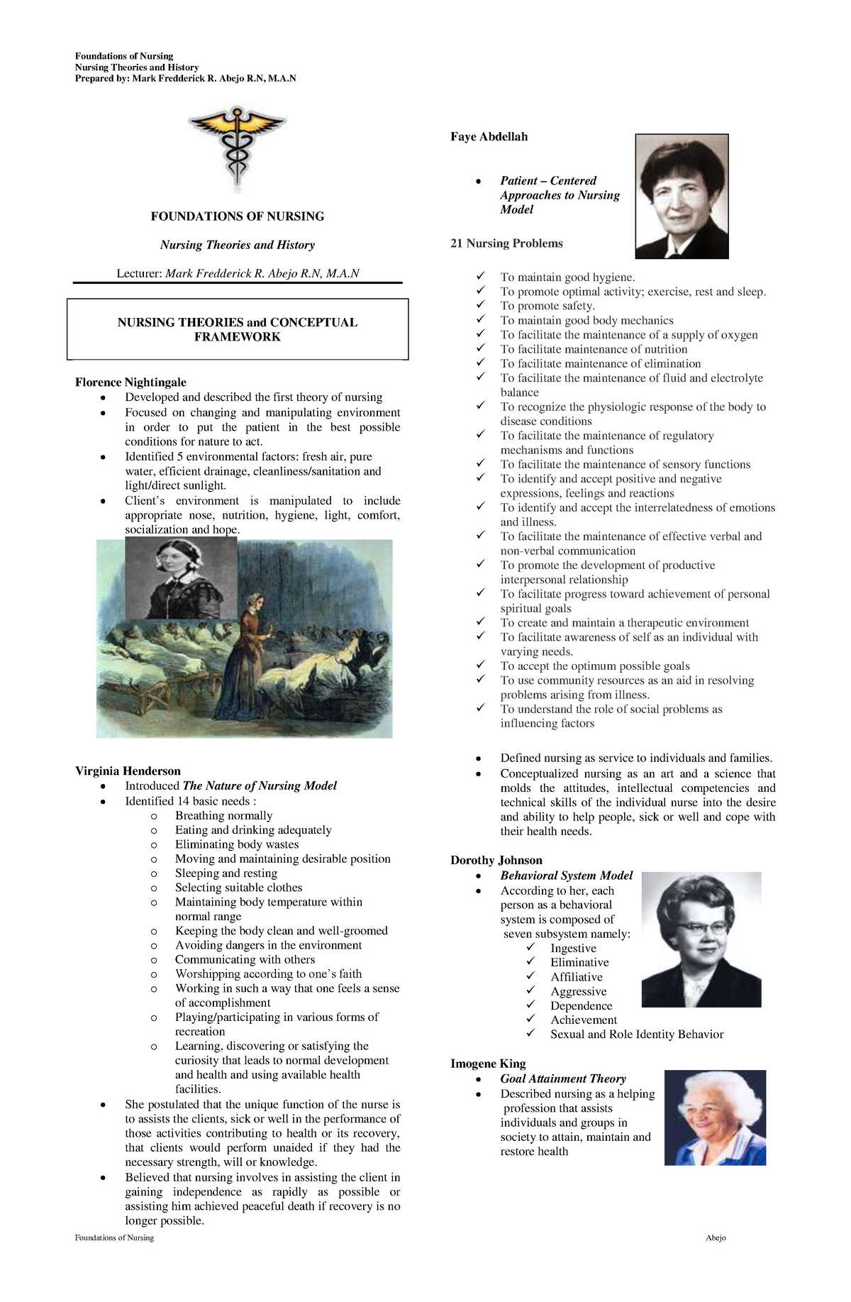 Nursing Theories And History Handouts - Nursing Theories And History ...