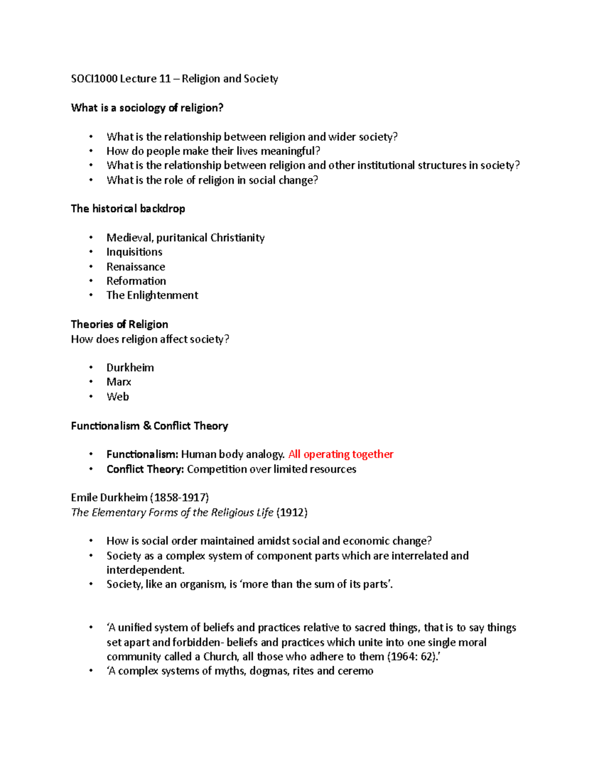 SOCI1000 Lecture notes week eleven - SOCI1000 Lecture 11 – Religion and ...
