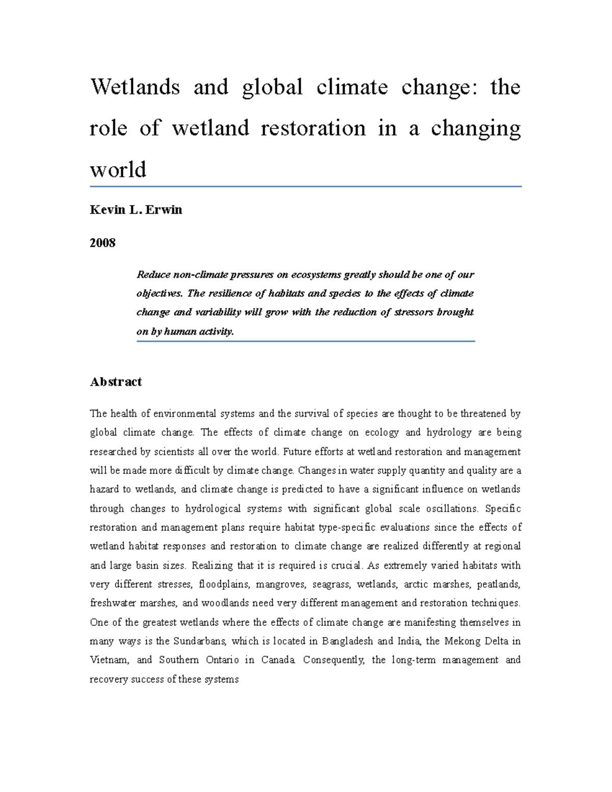6. Wetlands and global climate change the role of wetland restoration ...
