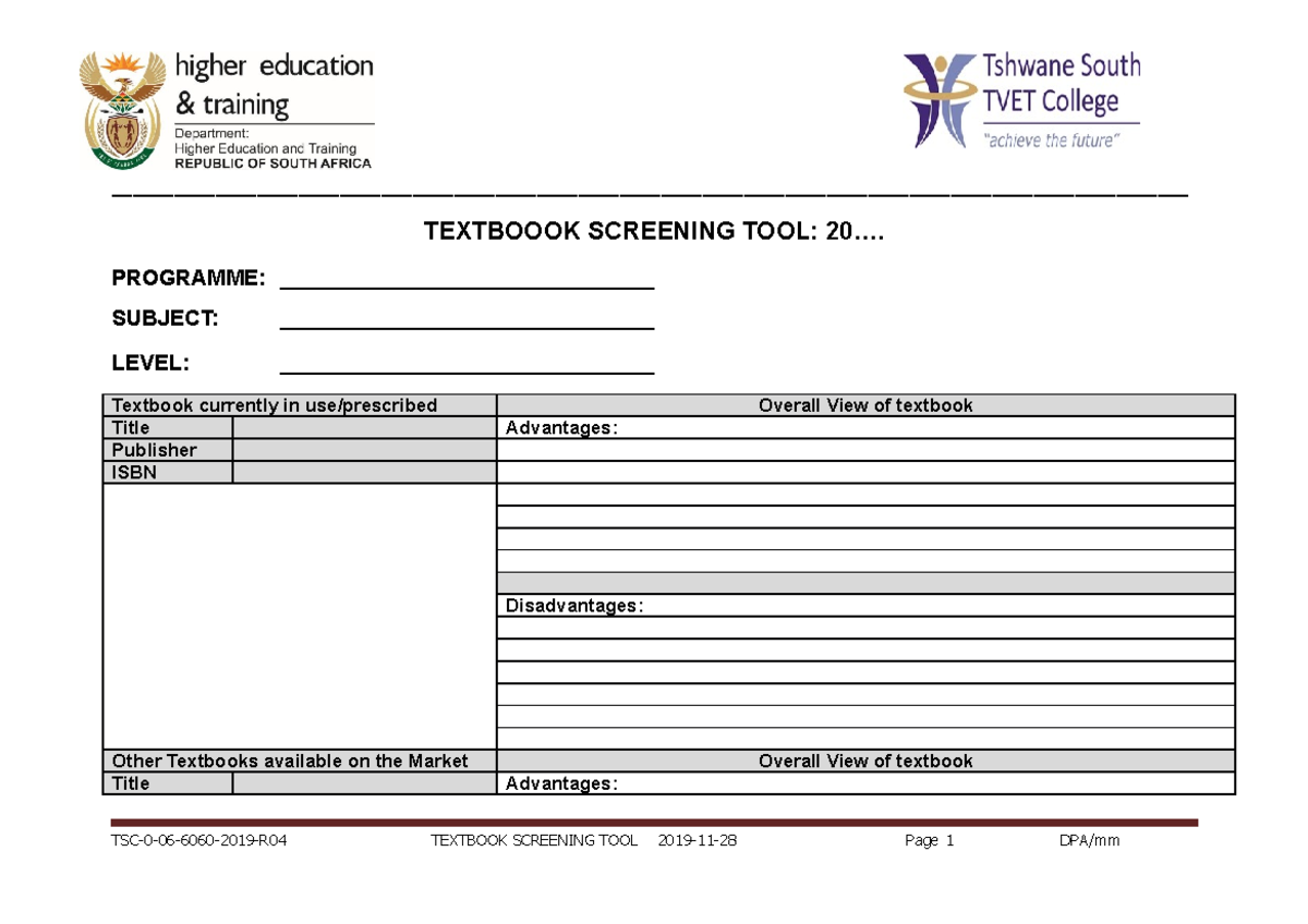 6060 Textbook Screening TOOL - - Studocu