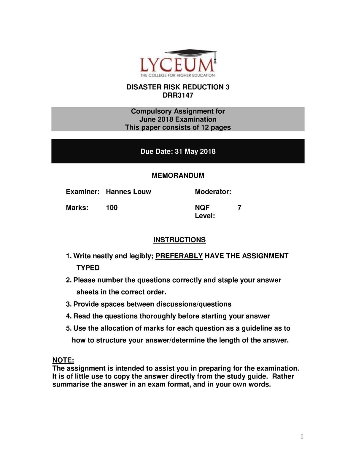 DRR3147 M Oct 2018 - Old Exam Paper - DISASTER RISK REDUCTION 3 DRR ...