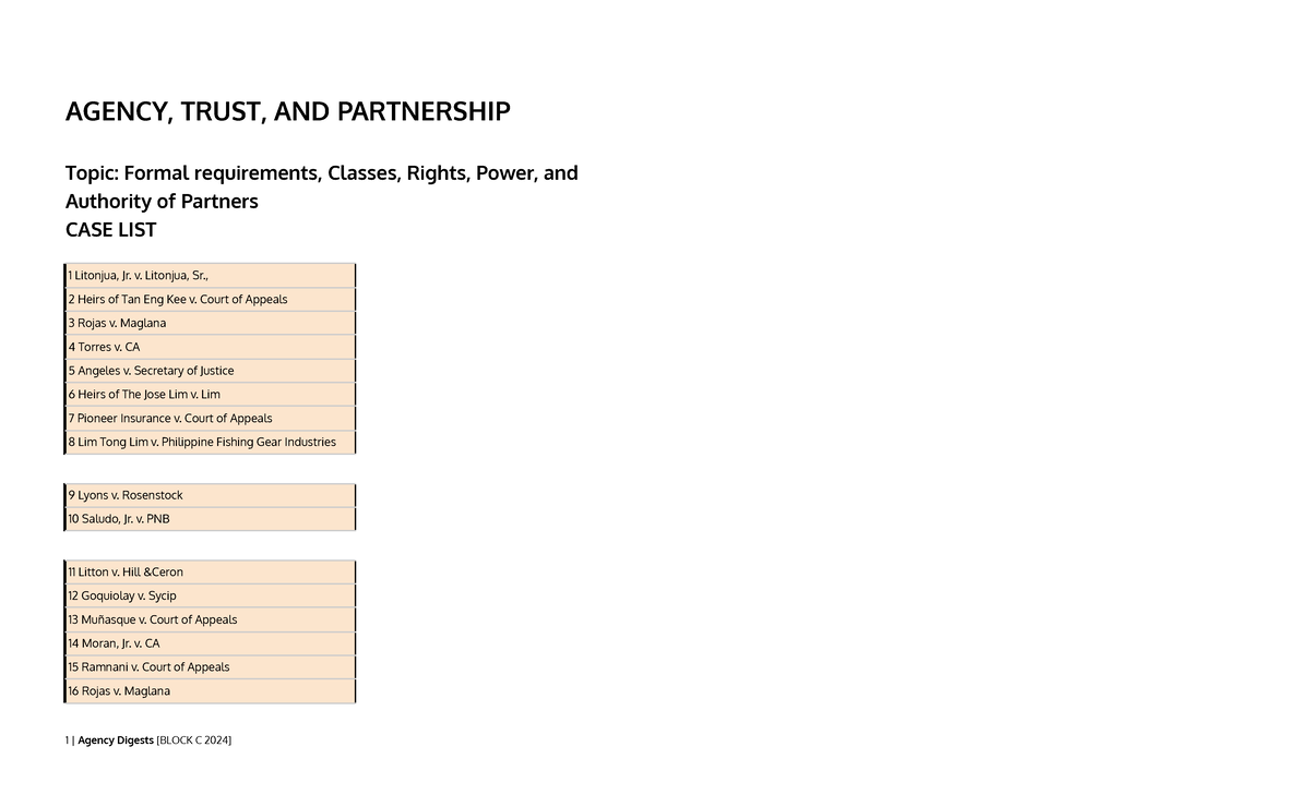 Partnerships Digests 2.0 - AGENCY, TRUST, AND PARTNERSHIP Topic: Formal ...