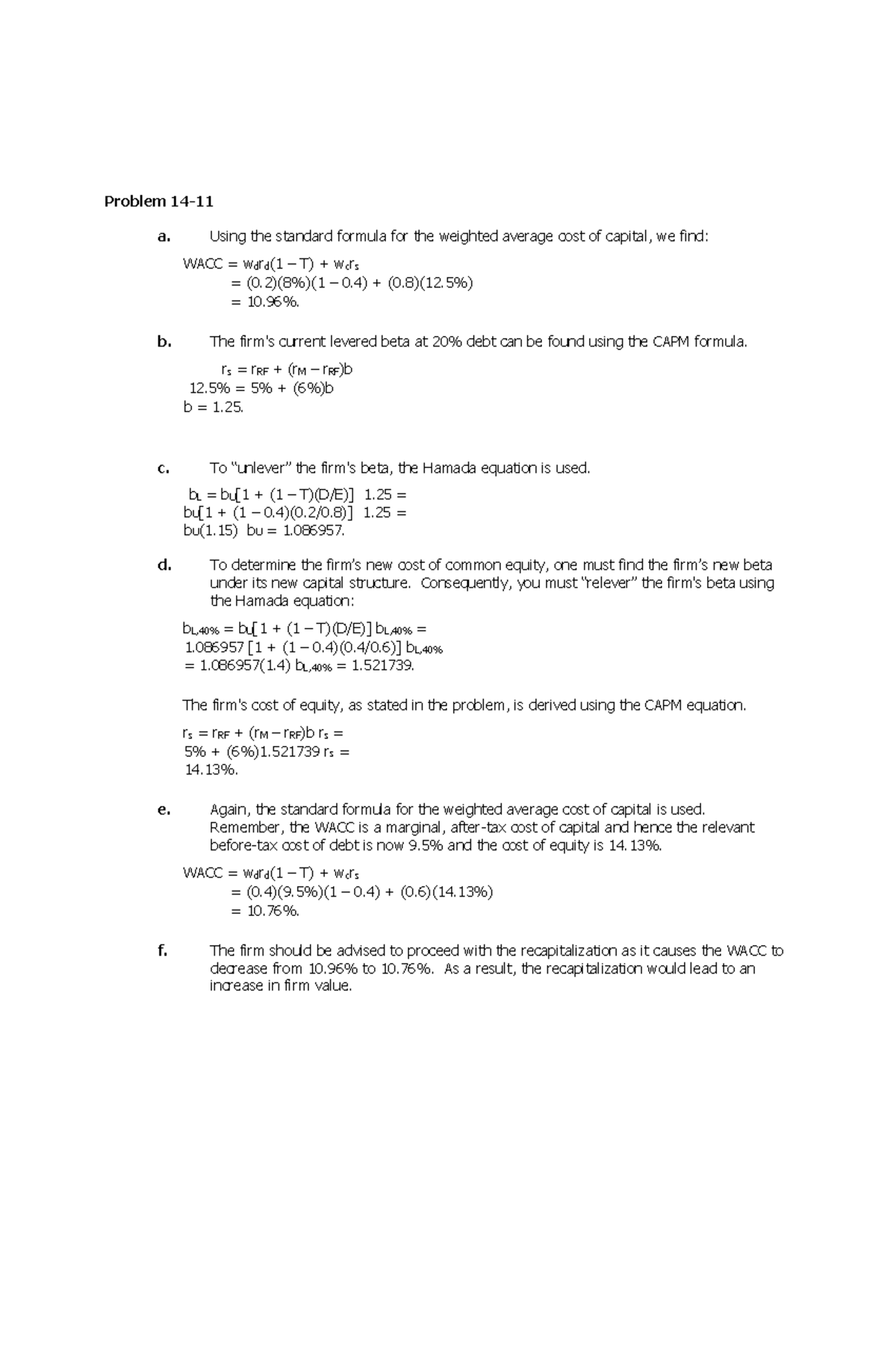 Capital Structure AND Leverage - Problem 14- 11 a. Using the standard ...