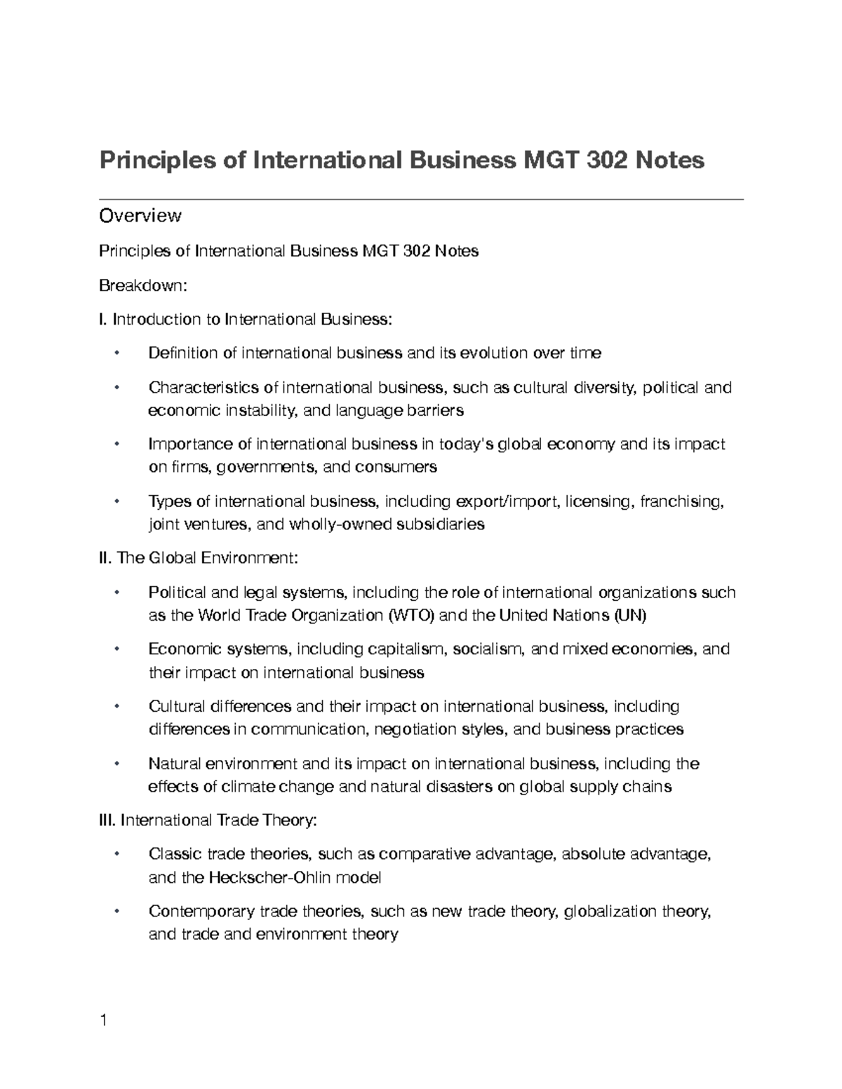Principles of International Business MGT 302 Summary - Introduction to ...