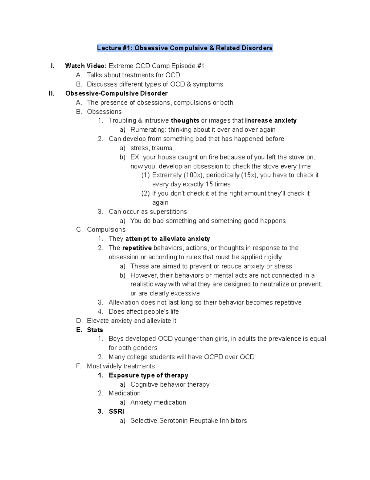 Psych 66 Lectures for Exam 2 - Lecture #1: Obsessive Compulsive ...