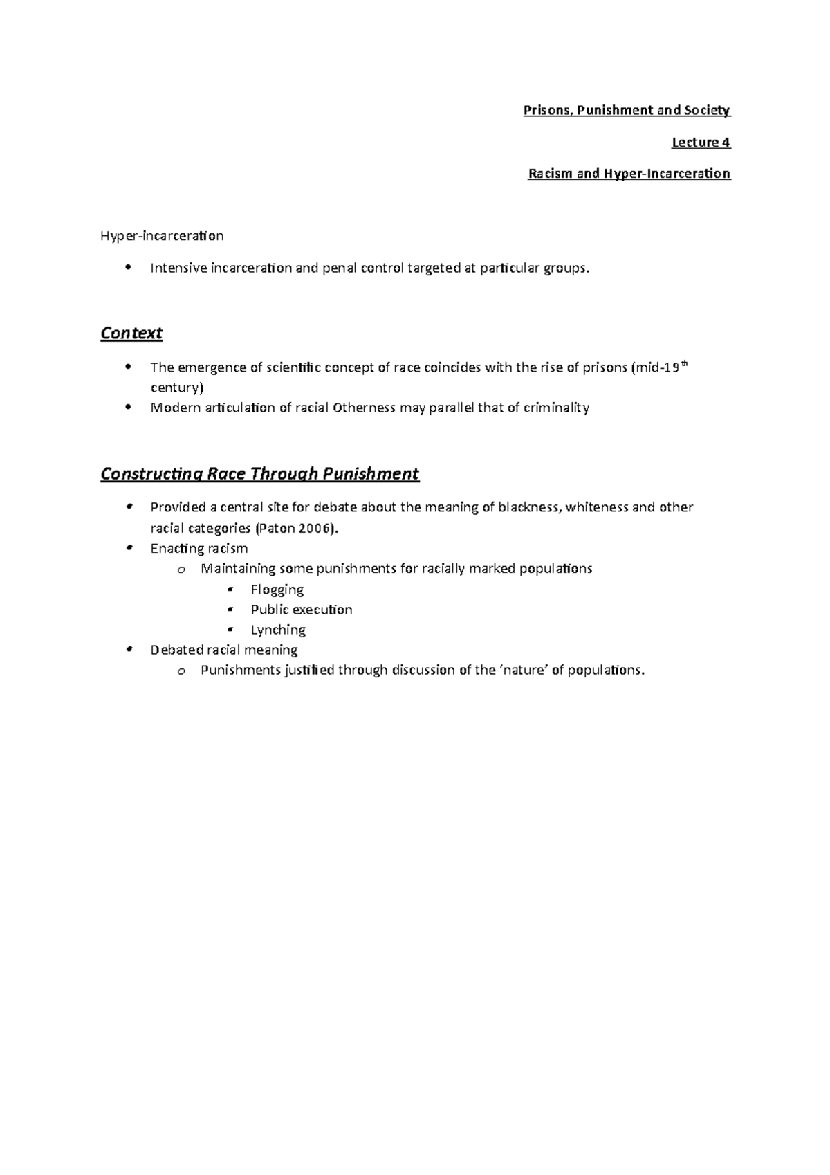 Lecture notes PPSW 4 - Prisons, Punishment and Society Lecture 4 Racism ...