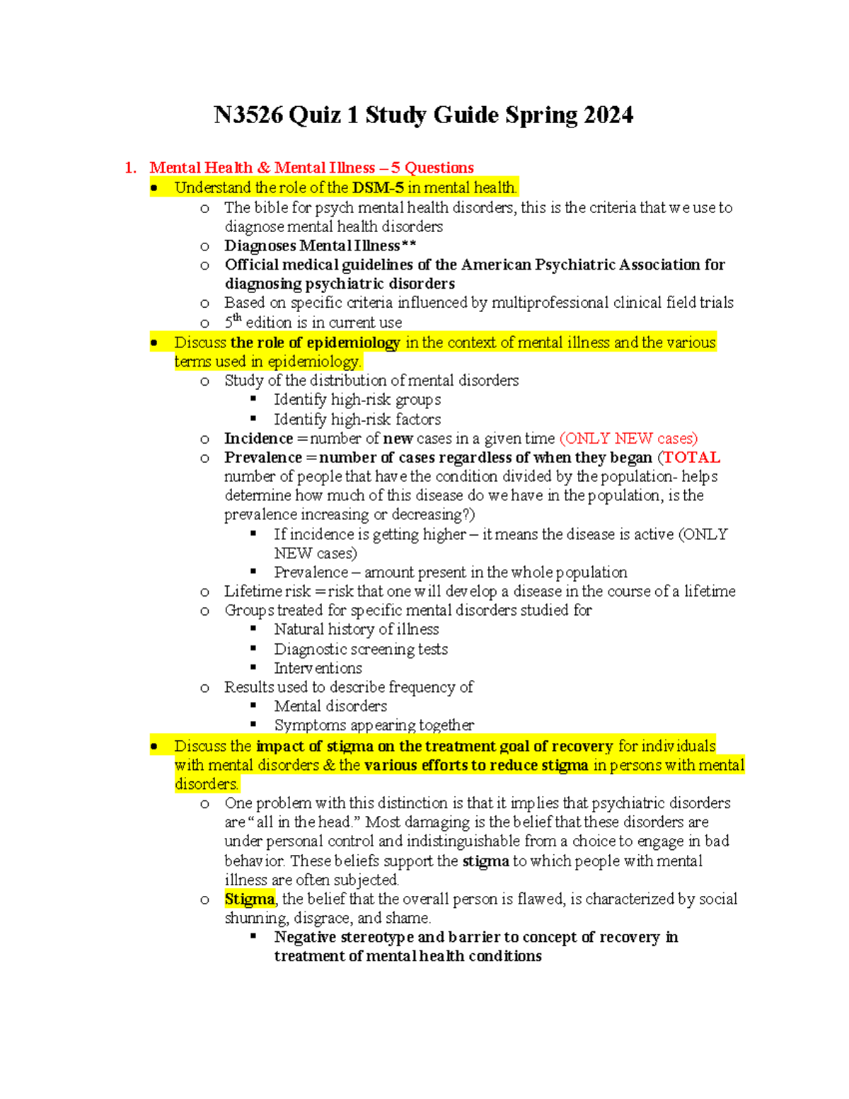 Psych Quiz - Notes - N3526 Quiz 1 Study Guide Spring 2024 1. Mental ...