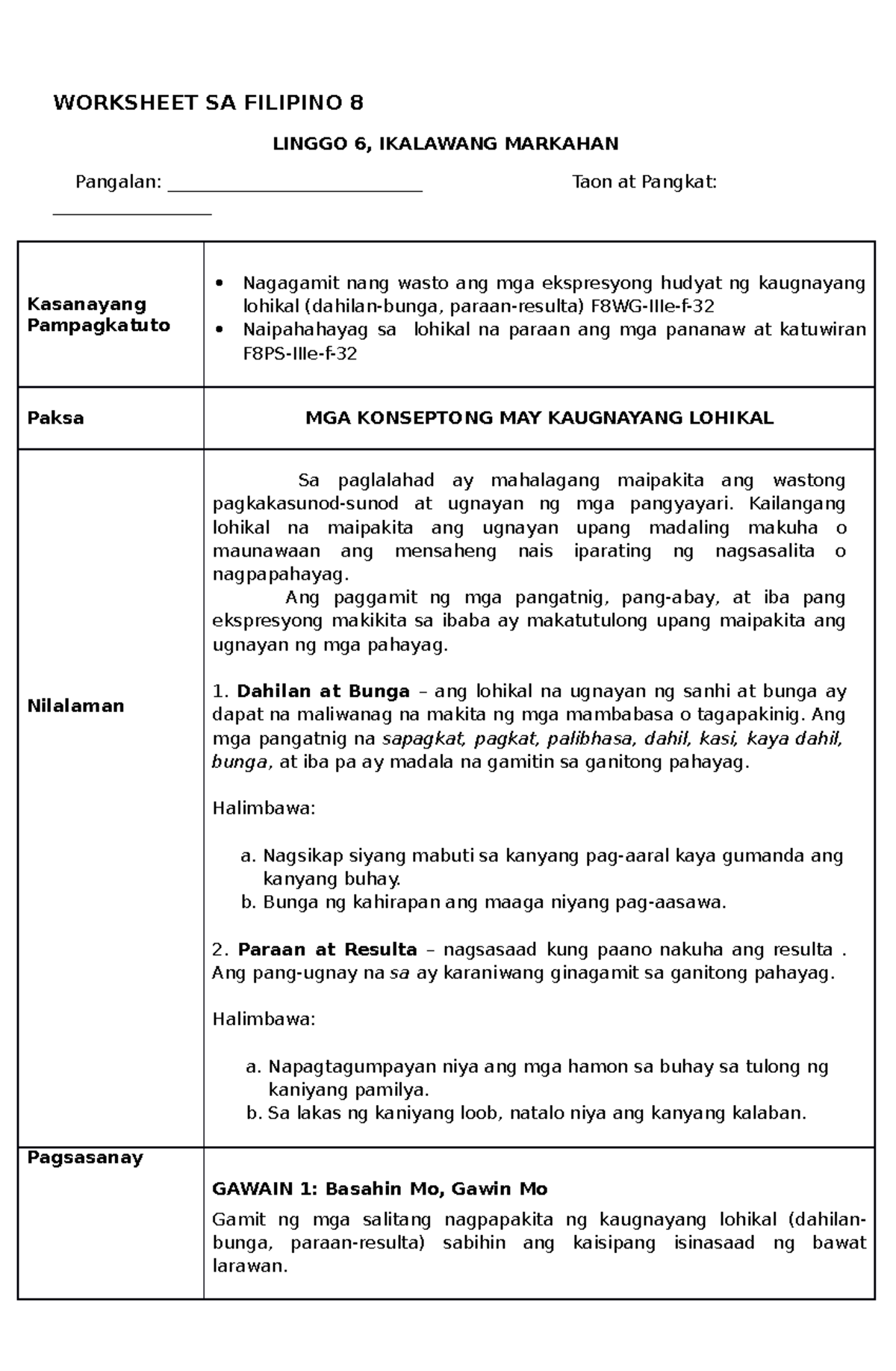 FILIPINO 8 LAS Q2 WEEK 6 - WORKSHEET SA FILIPINO 8 LINGGO 6, IKALAWANG ...