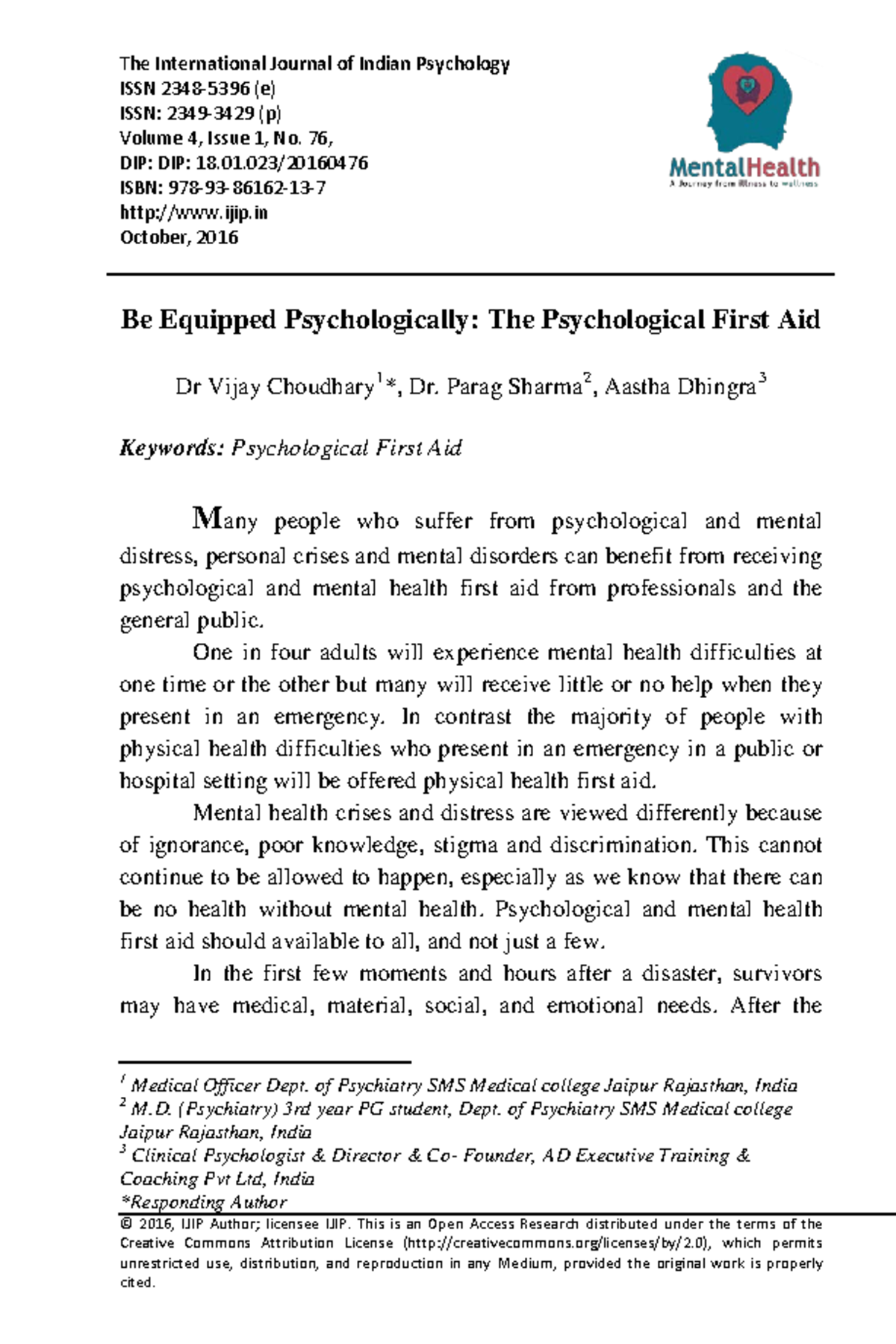 First AID - Material - The International Journal of Indian Psychology ...