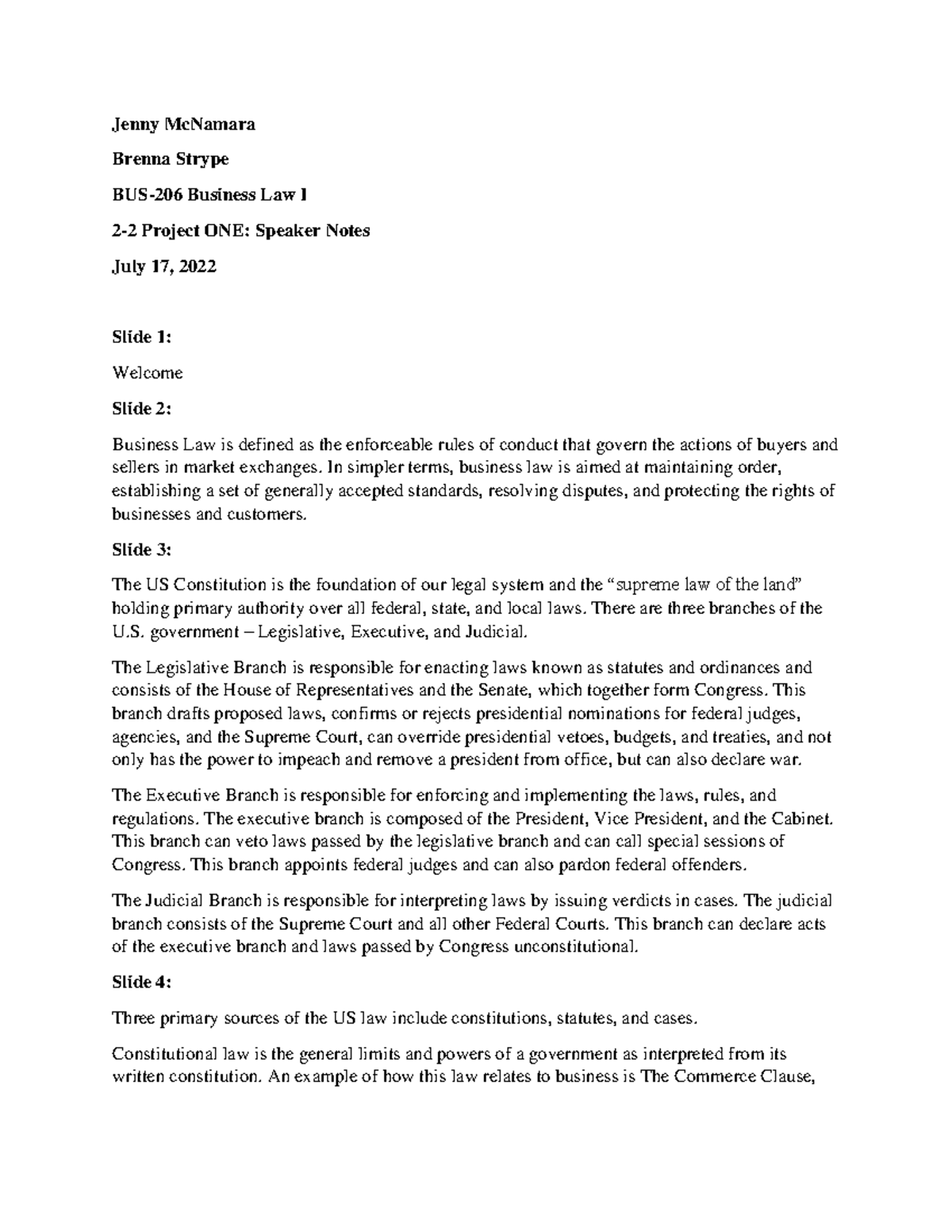 2-2 Project ONE - Jenny McNamara Brenna Strype BUS-206 Business Law I 2 ...