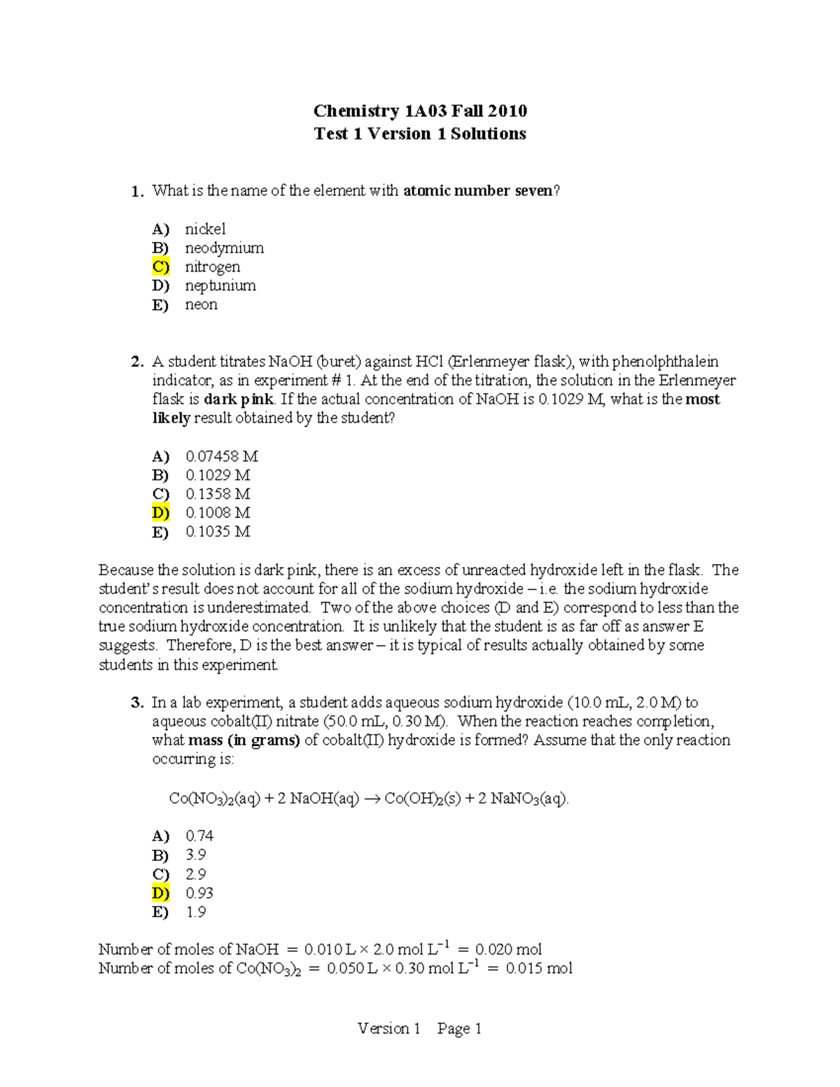 Exam 2011, questions and answers - Chemistry 1A03 Fall 2010 Test 1 ...