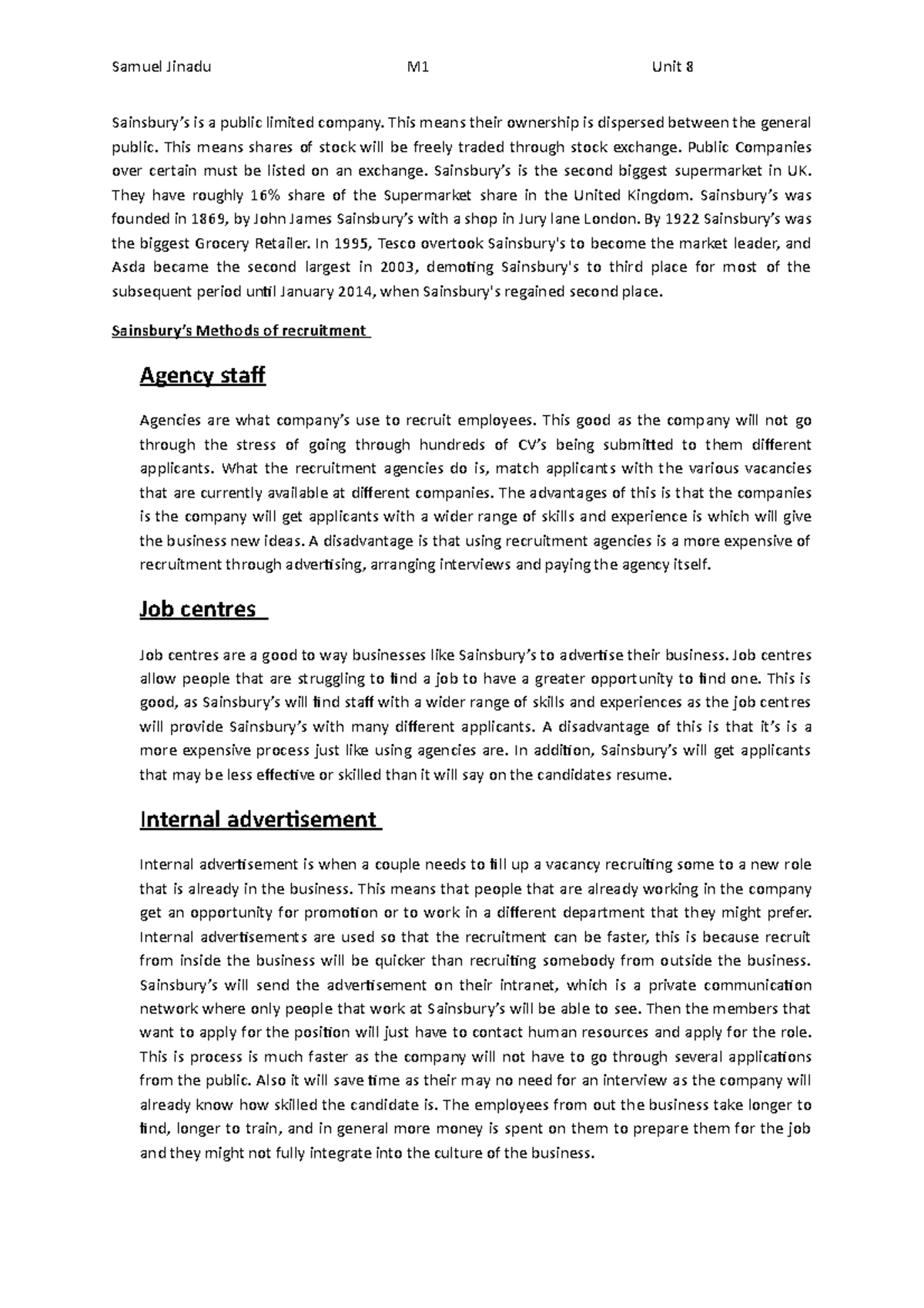 Sainsbury m1 (1) - Analyse the different recruitment methods used in a ...