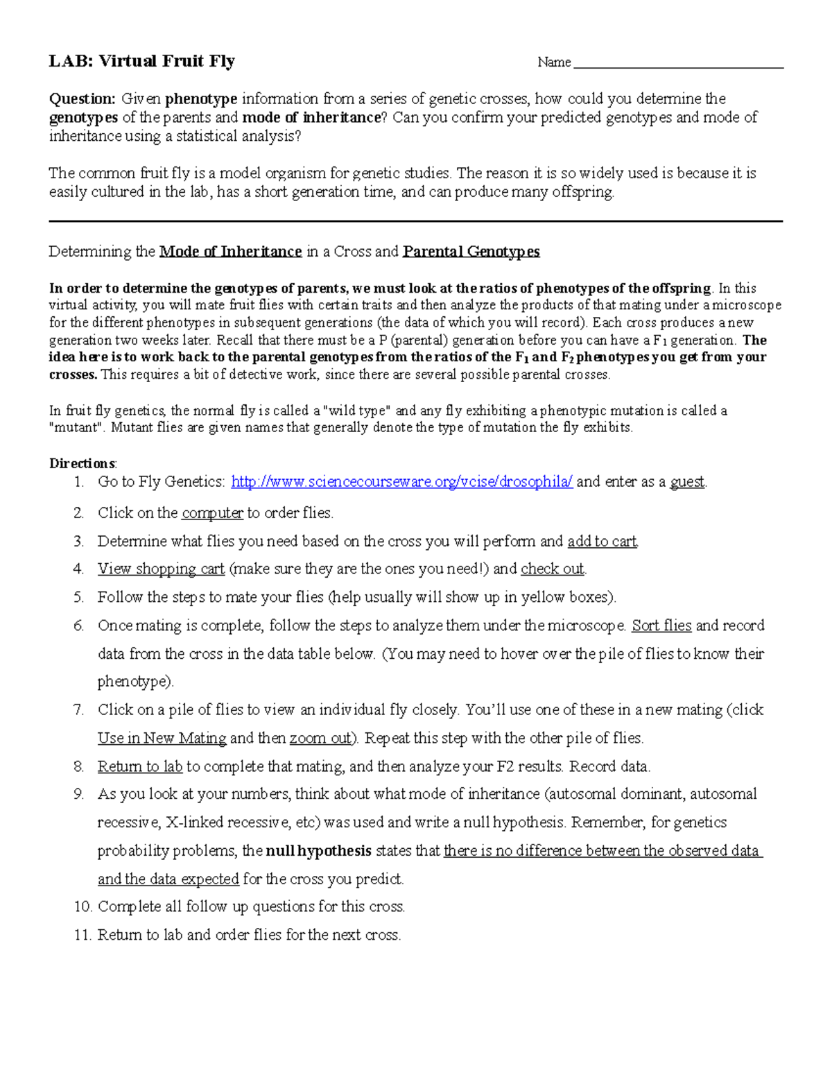 AP Lab 7 Virtual Drosphilia lab 1314 LAB Virtual Fruit Fly Name