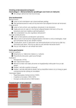 Aantekeningen Hoorcollege 2 - Inleiding Onderwijswetenschappen Hoorcollege  2 – Behavioristische - Studeersnel