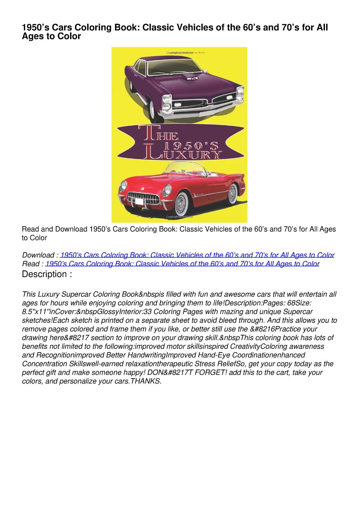 [PDF READ ONLINE] 1950’s Cars Coloring Book: Classic Vehicles of the 60