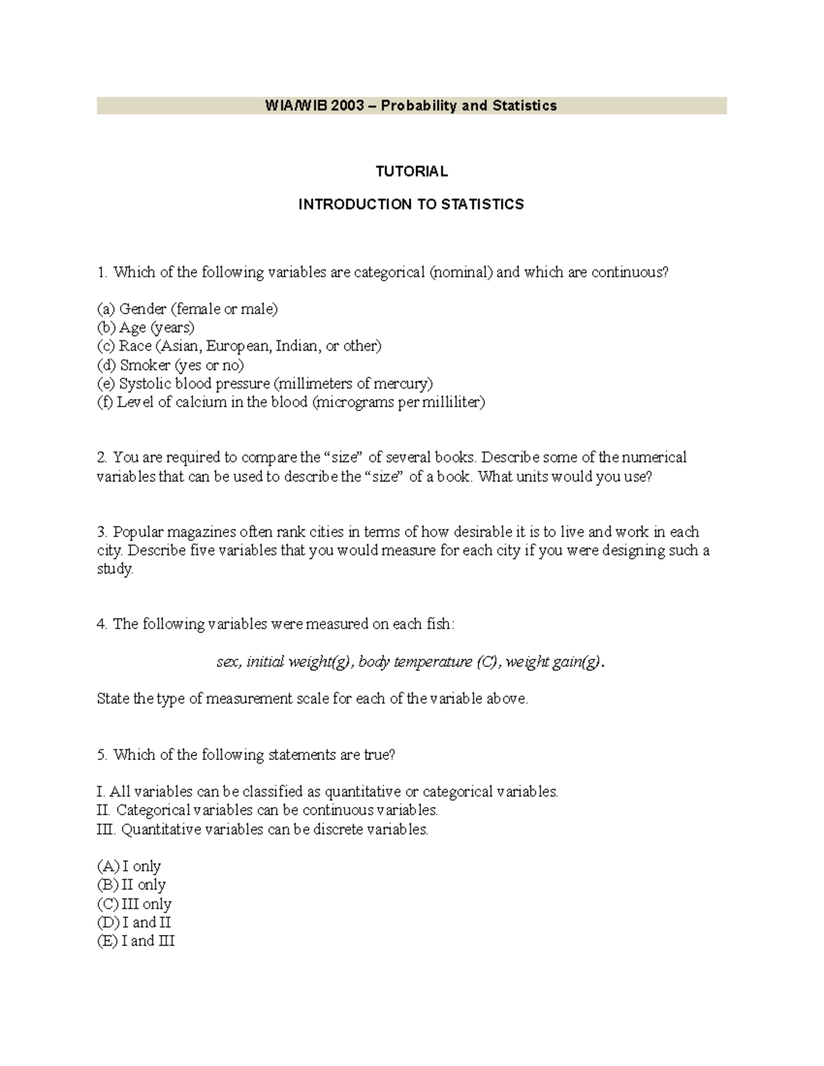 Tutorial 5 - Intro Statistics Quest - WIA/WIB 2003 – Probability and ...