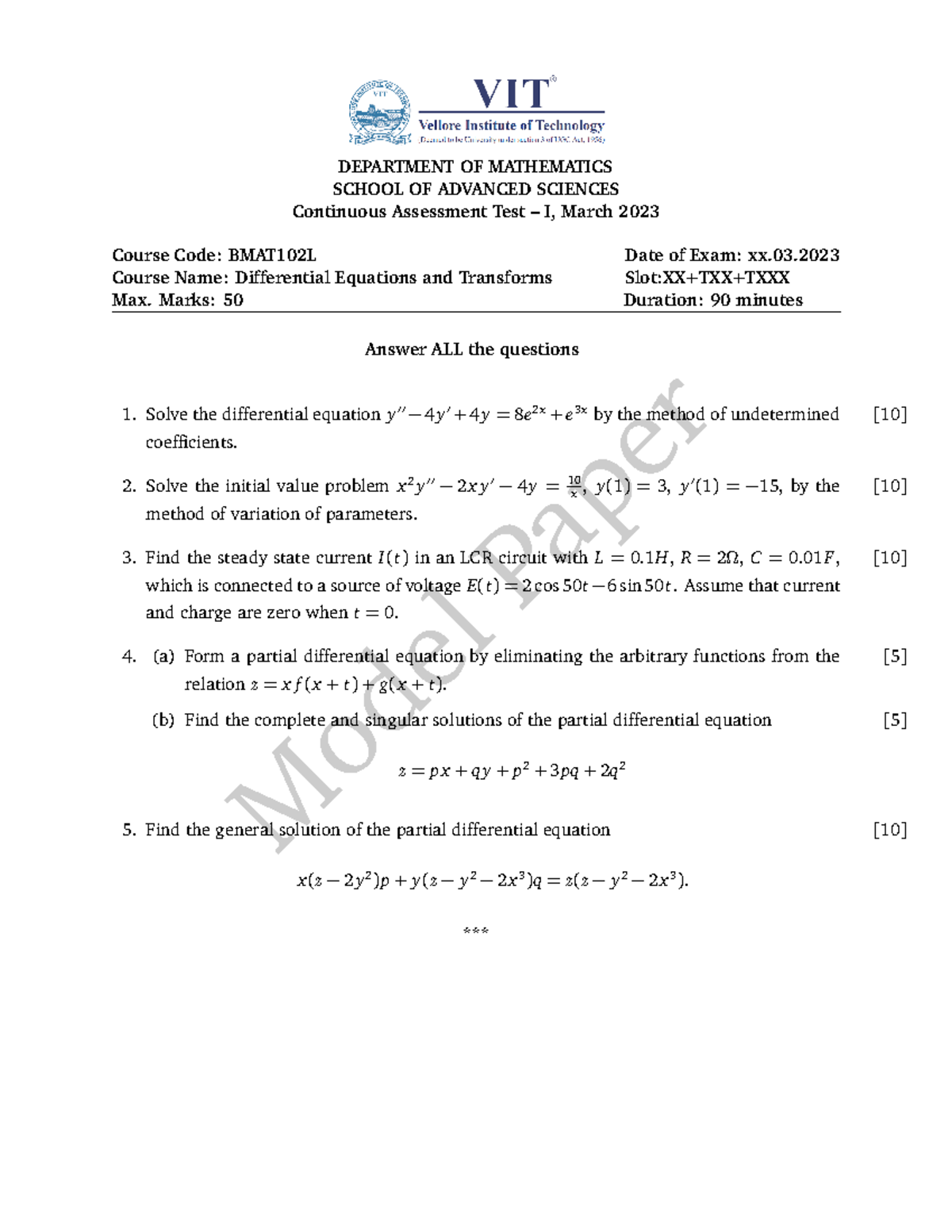 Model CAT-I - Good question - Model Paper DEPARTMENT OF MATHEMATICS ...