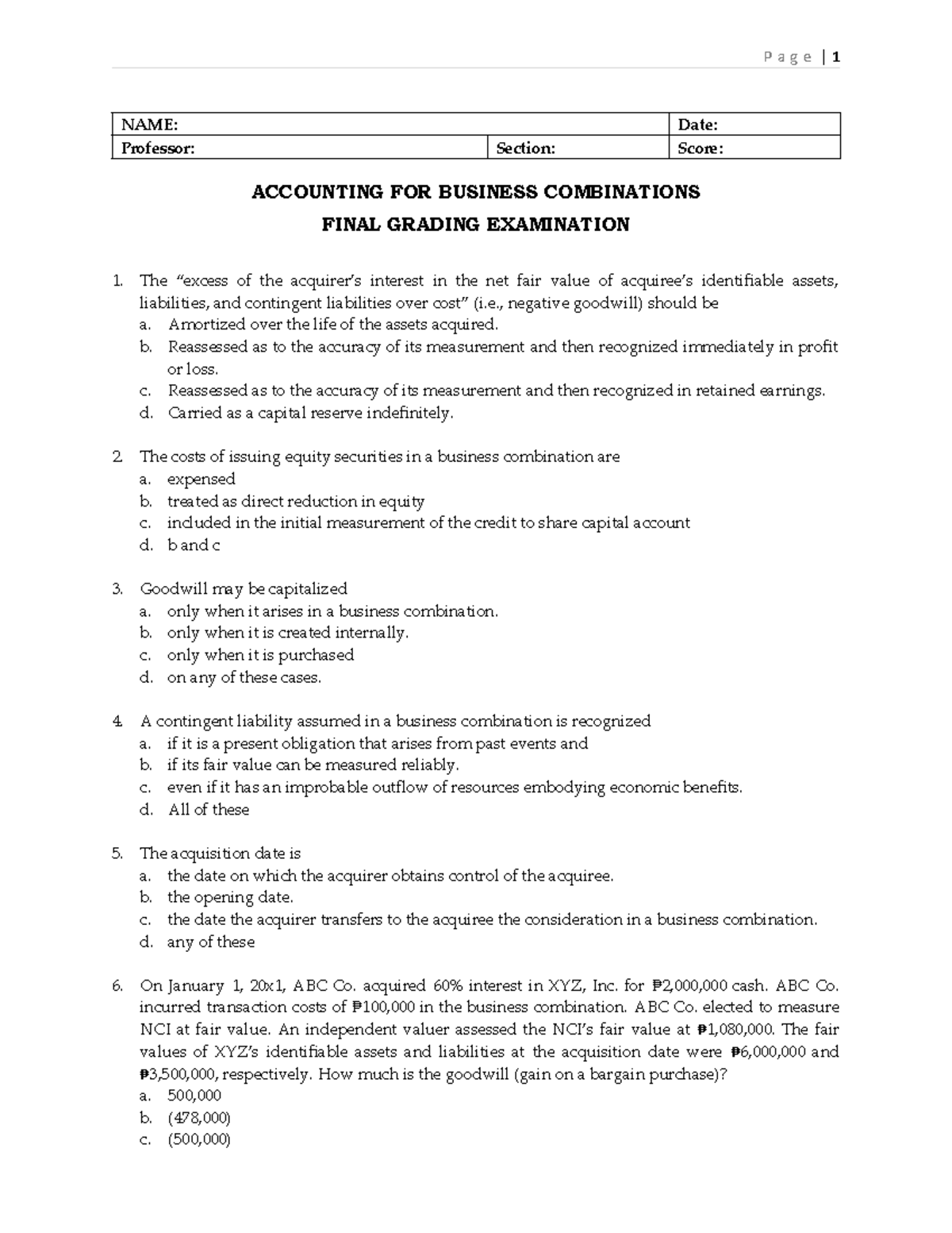 Pdfcoffee - Lecture - NAME: Date: Professor: Section: Score: ACCOUNTING ...